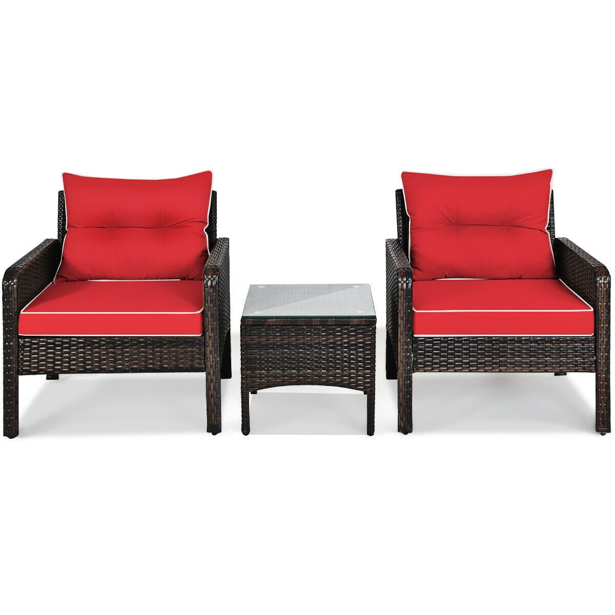 3 Pcs Outdoor Patio Rattan Conversation Set with Seat Cushions-Red
