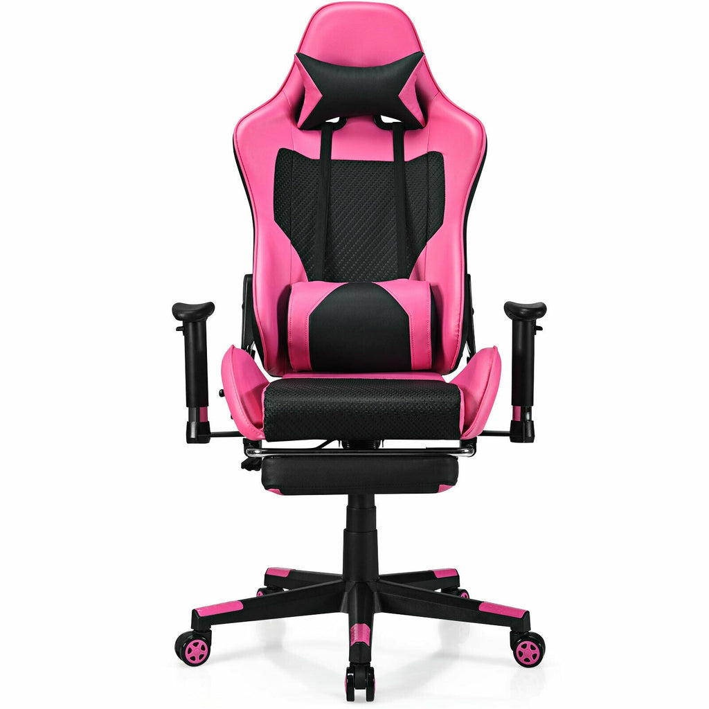 PU Leather Gaming Chair with USB Massage Lumbar Pillow and Footrest -Pink