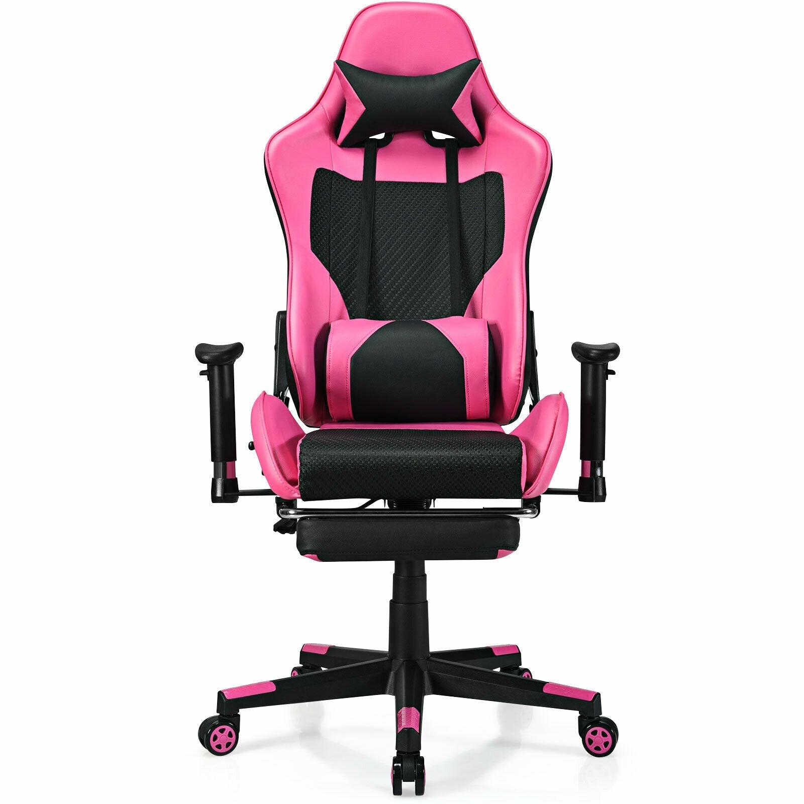 PU Leather Gaming Chair with USB Massage Lumbar Pillow and Footrest -Pink