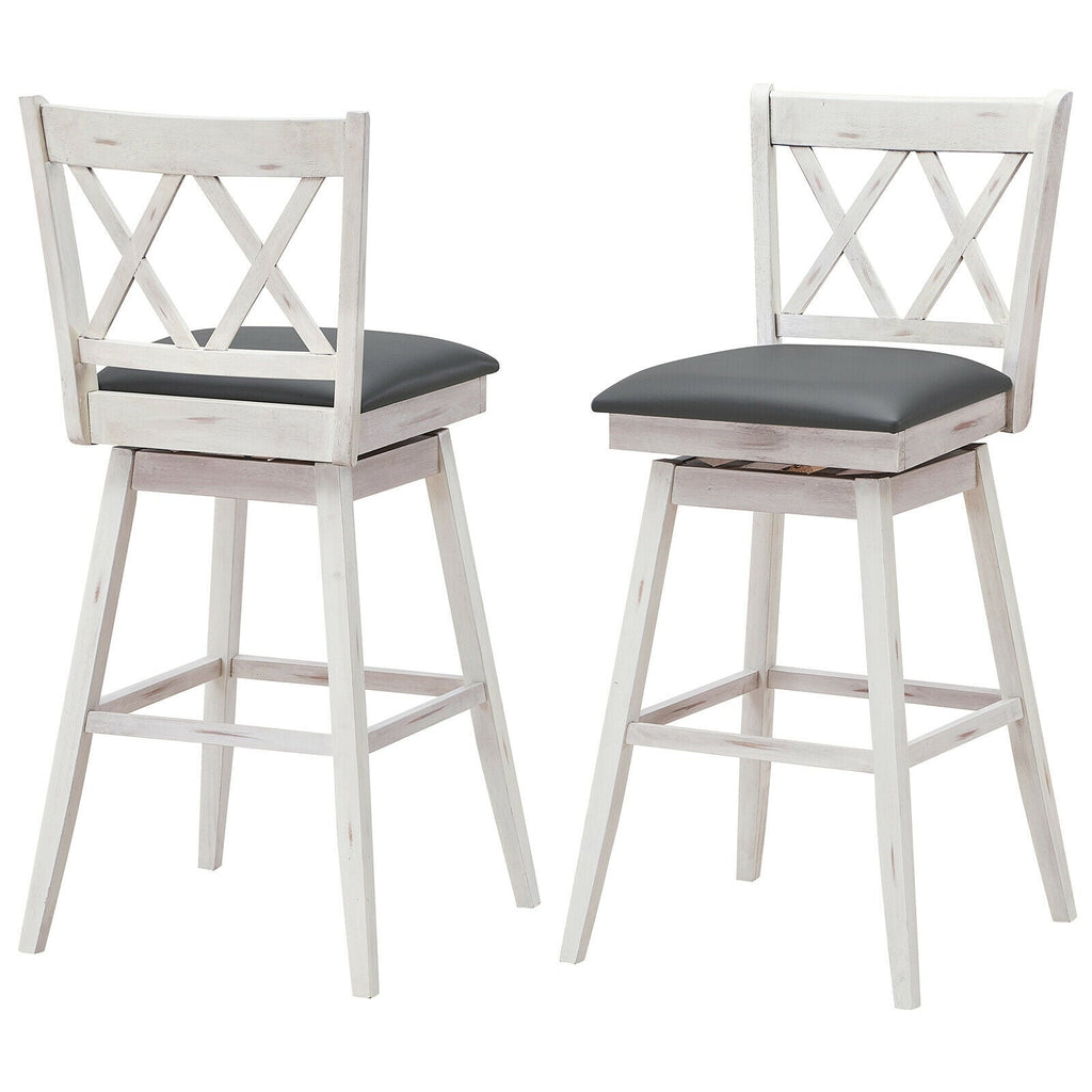 2 Pieces 29 Inches Swivel Counter Height Barstool Set with Rubber Wood Legs-White