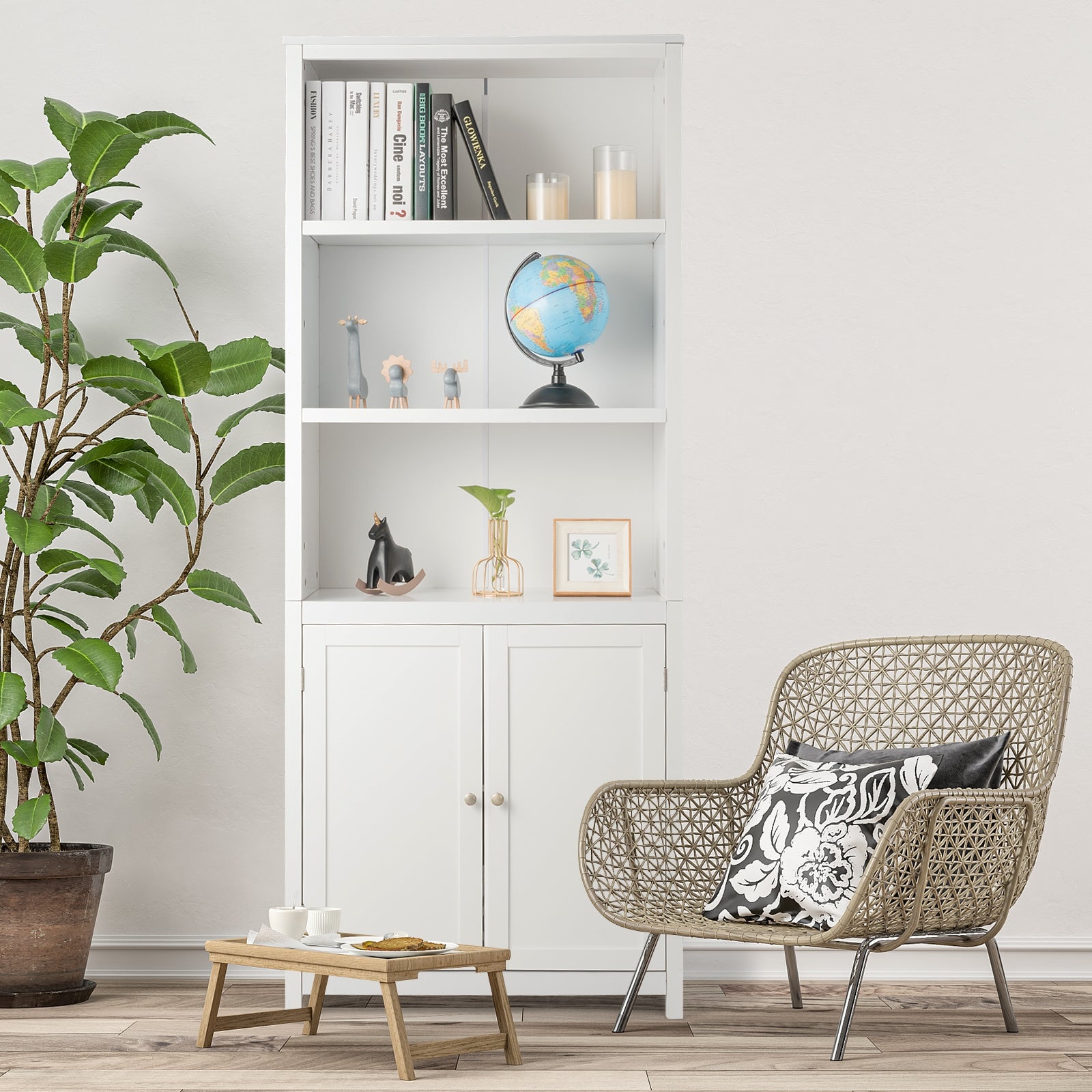 Bookcase Shelving Storage Wooden Cabinet Unit Standing Display Bookcase with Doors-White