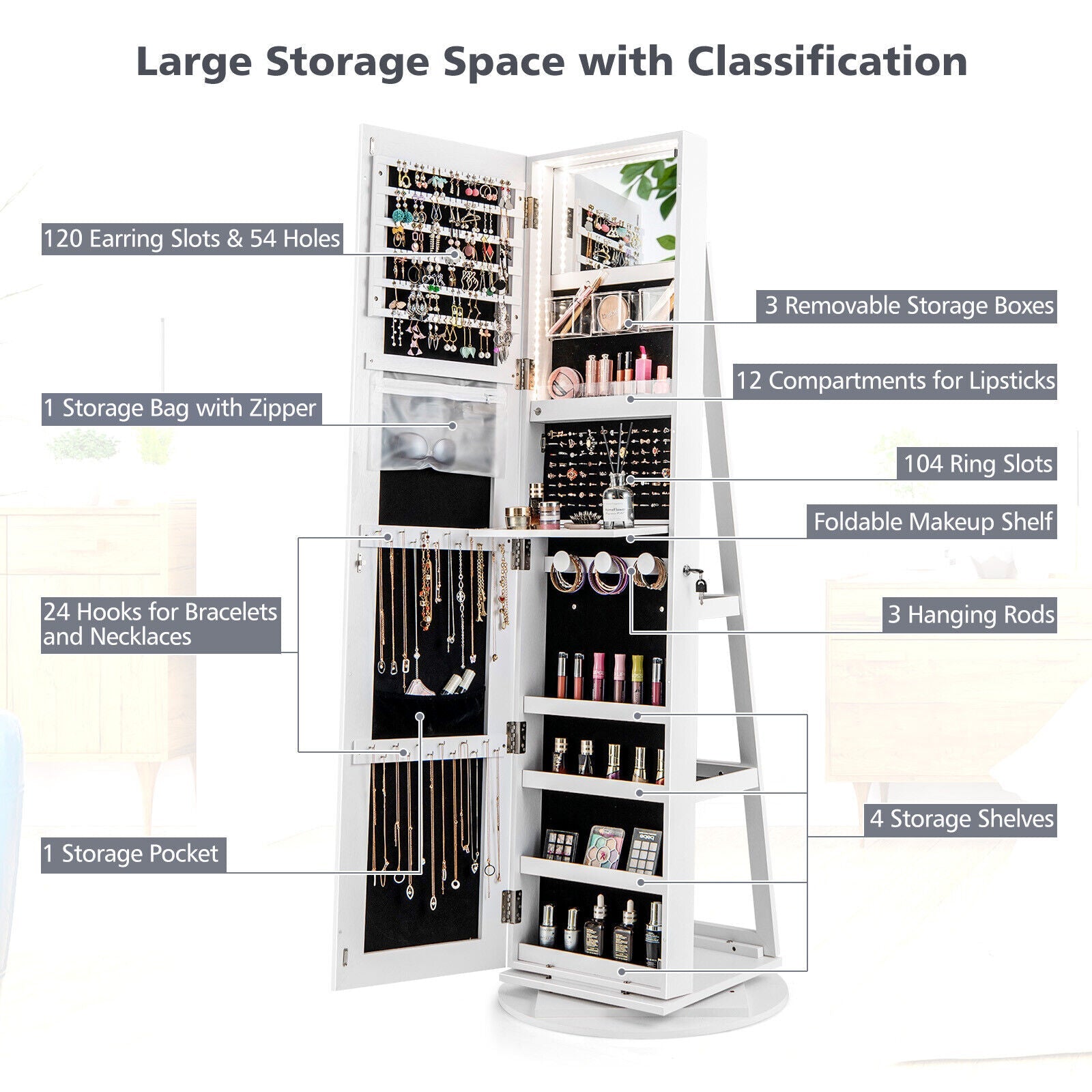 360° Rotating Mirrored Jewelry Cabinet Armoire 3 Color LED Modes Lockable-White