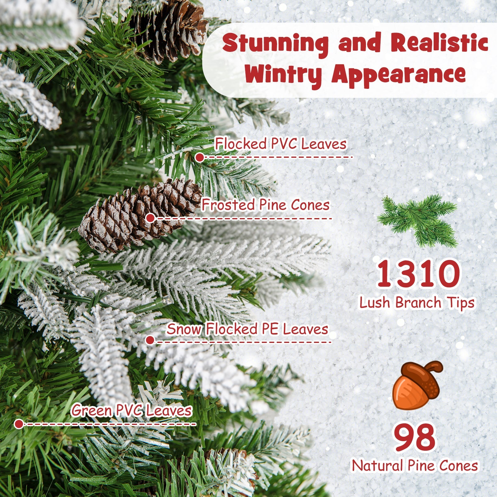 6/7.5/9 Feet Pre-Lit Artificial Christmas Tree Snow Flocked Hinged-9 FT