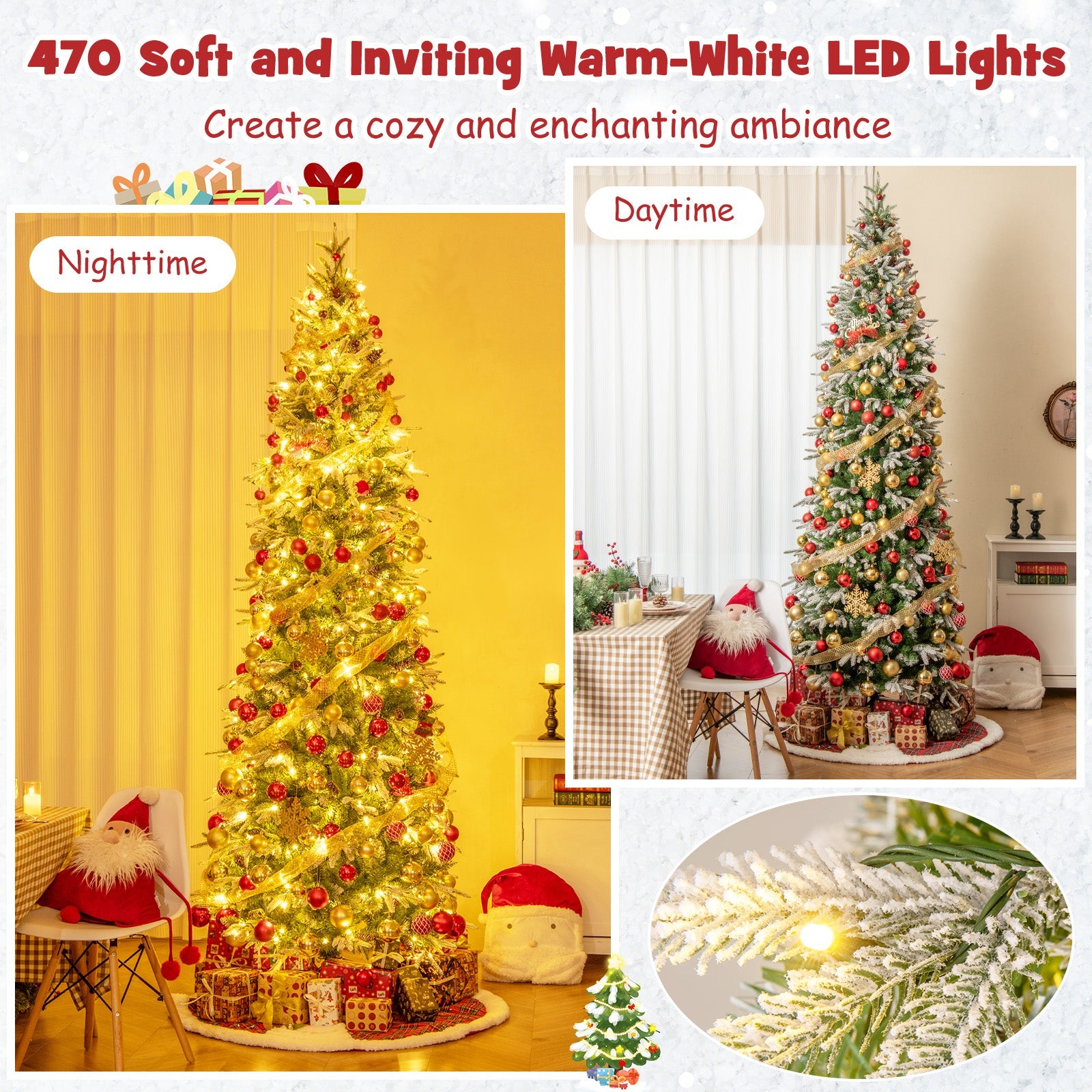 6/7.5/9 Feet Pre-Lit Artificial Christmas Tree Snow Flocked Hinged-9 FT