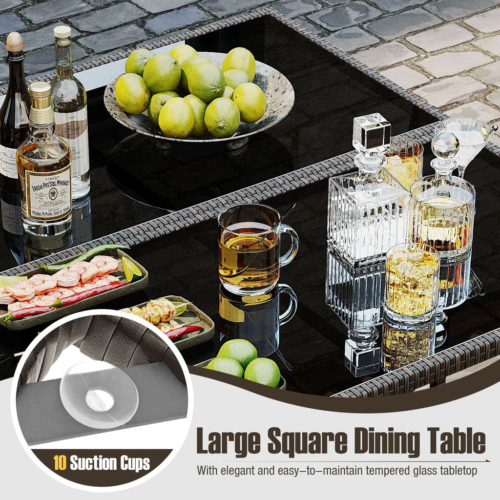 9 Piece Patio Dining Set with Tempered Glass Table and Ottoman-Beige