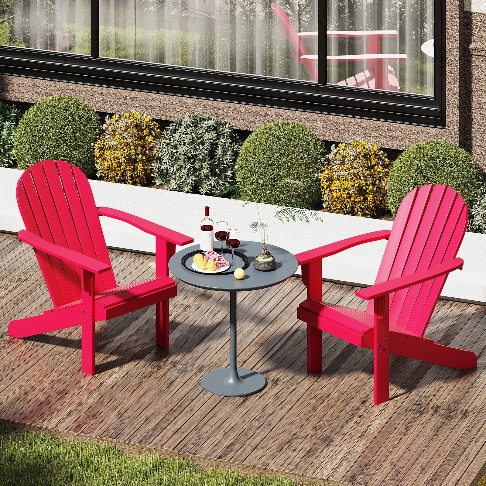Acacia Wood Lounge Patio Adirondack Chair with Inclined Seat-Red