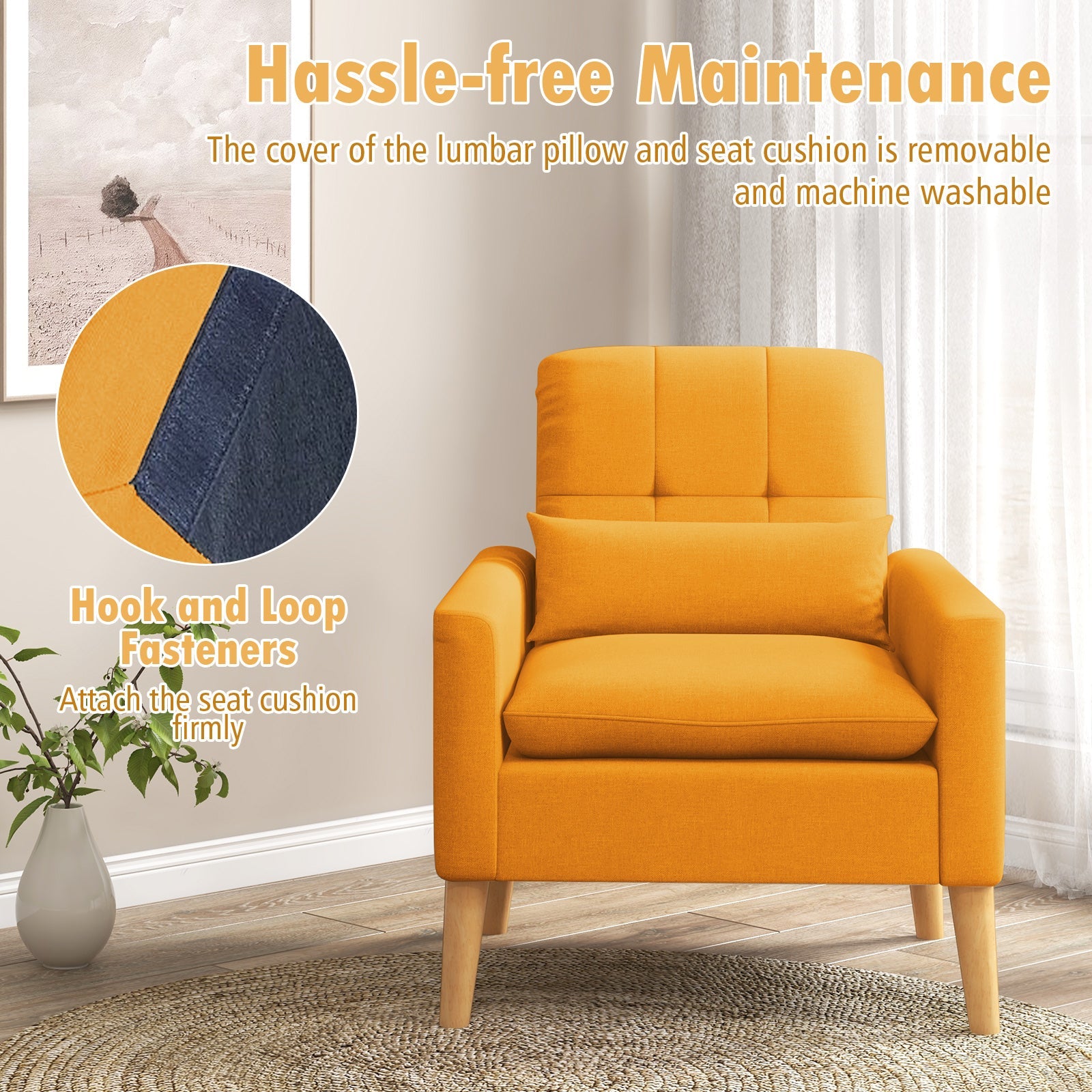Accent Chair with Lumbar Pillow  Natural Rubber Wood Legs  Padded Cushions-Yellow