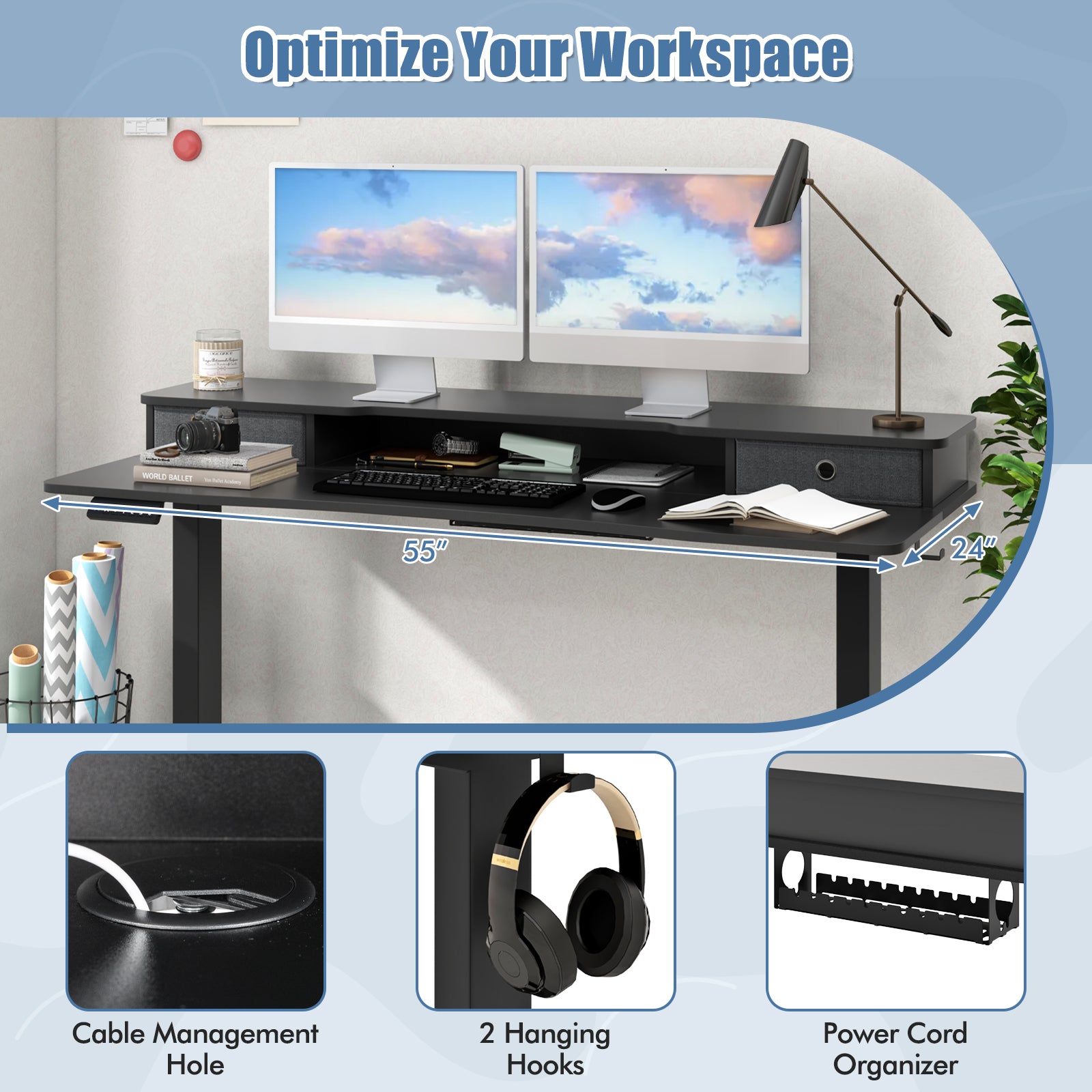 55 Inch x 24 Inch Height Adjustable Electric Standing Desk with 2 Drawers-Black