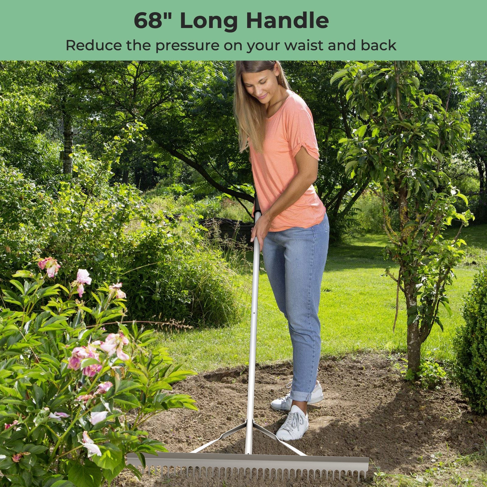 Aluminum Rake with 36 Inch Wide Rake Head and 68 Inch Long Handle