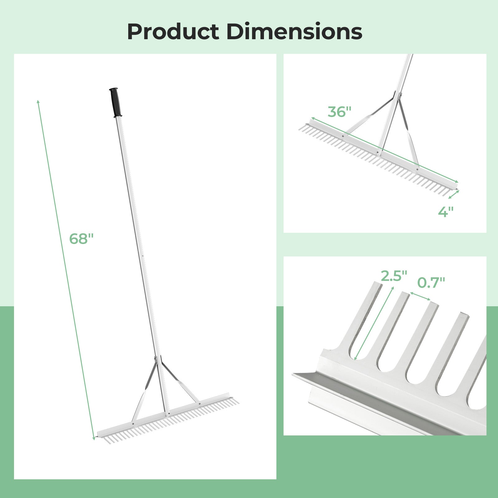 Aluminum Rake with 36 Inch Wide Rake Head and 68 Inch Long Handle