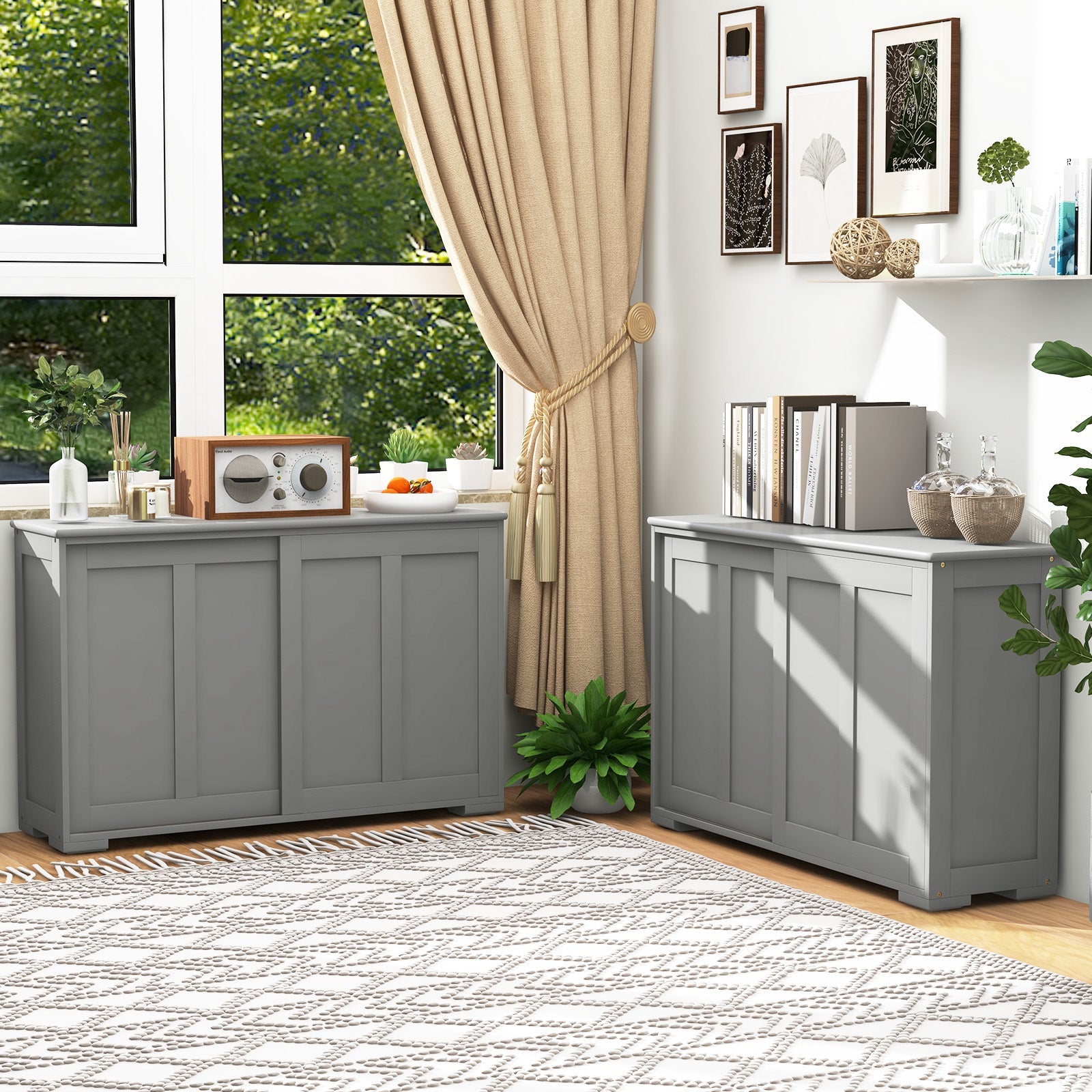 Antique Stackable Kitchen Storage Sideboard with Height Adjustable Shelf-Gray