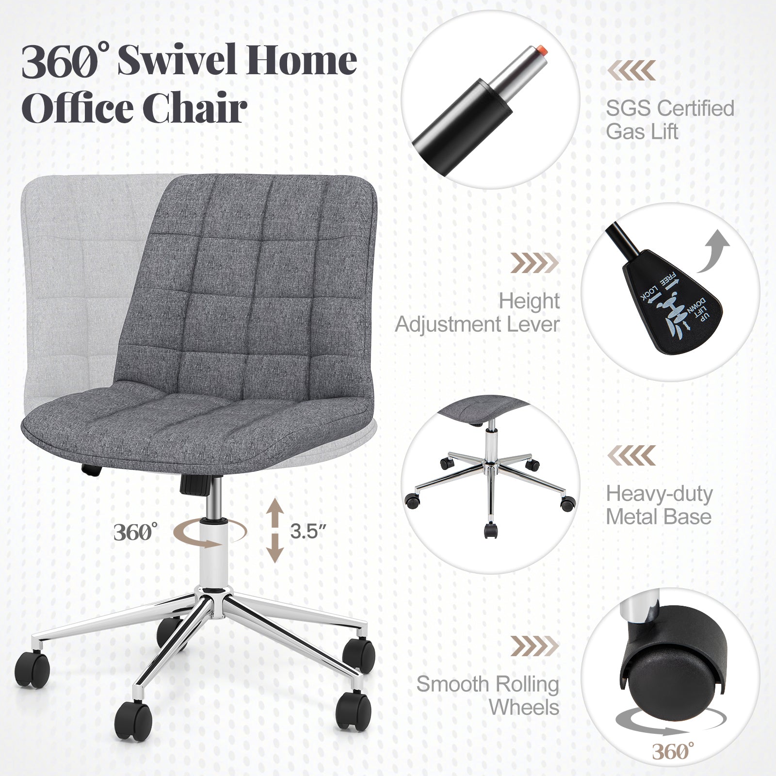 Armless Office Chair Upholstered Makeup Vanity Chair with Adjustable Height and Wheels-Grey