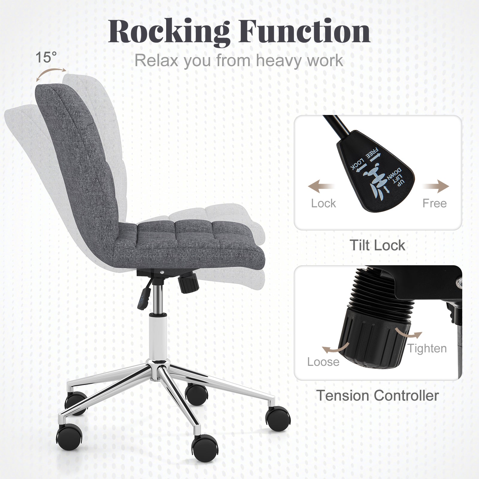 Armless Office Chair Upholstered Makeup Vanity Chair with Adjustable Height and Wheels-Grey