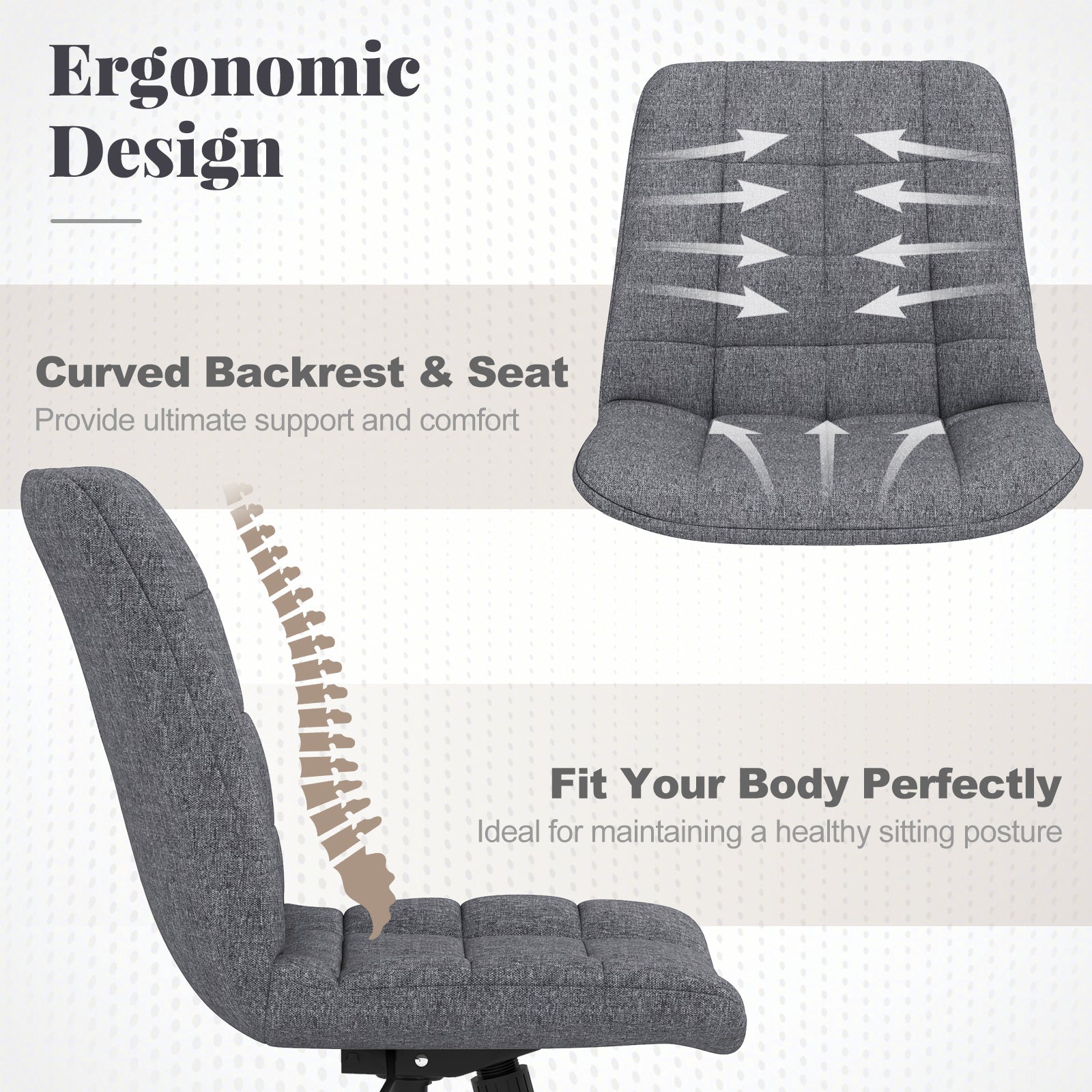 Armless Office Chair Upholstered Makeup Vanity Chair with Adjustable Height and Wheels-Grey