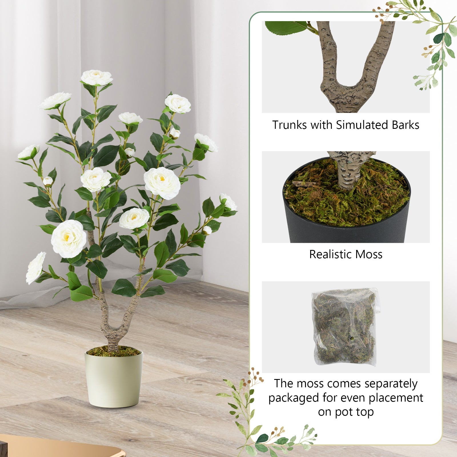 36 Inch Artificial Camellia Tree with Blooming Flower 1 Pack-White