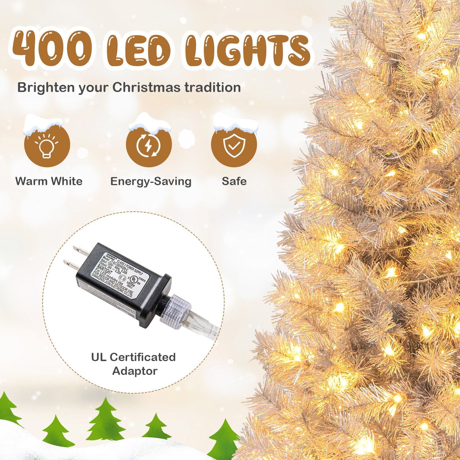 Artificial Xmas Tree with Branch Tips and Warm White LED Lights-7FT