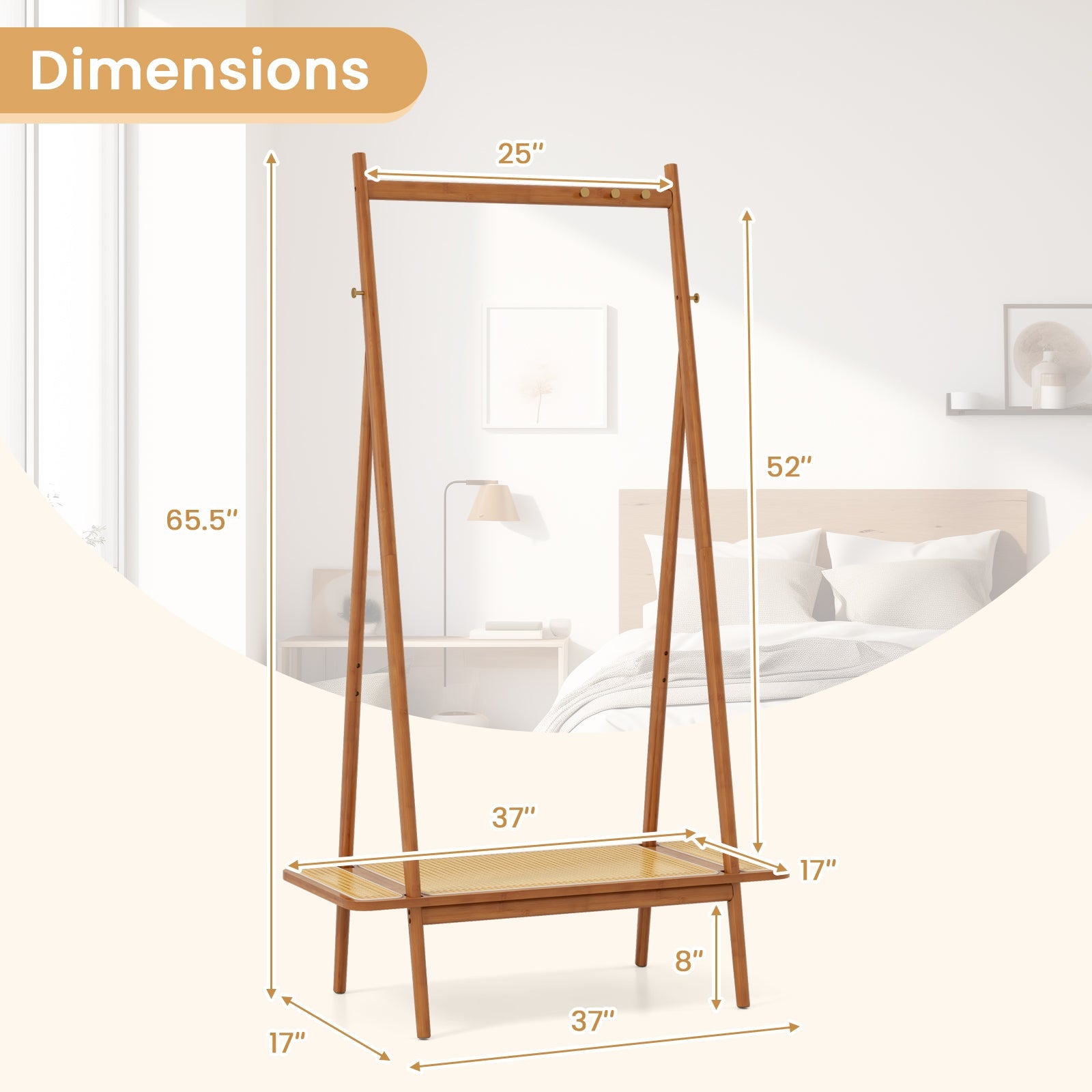 Bamboo Clothes Rack with Hanging Rod Rattan Shelf and Copper Hooks-Brown