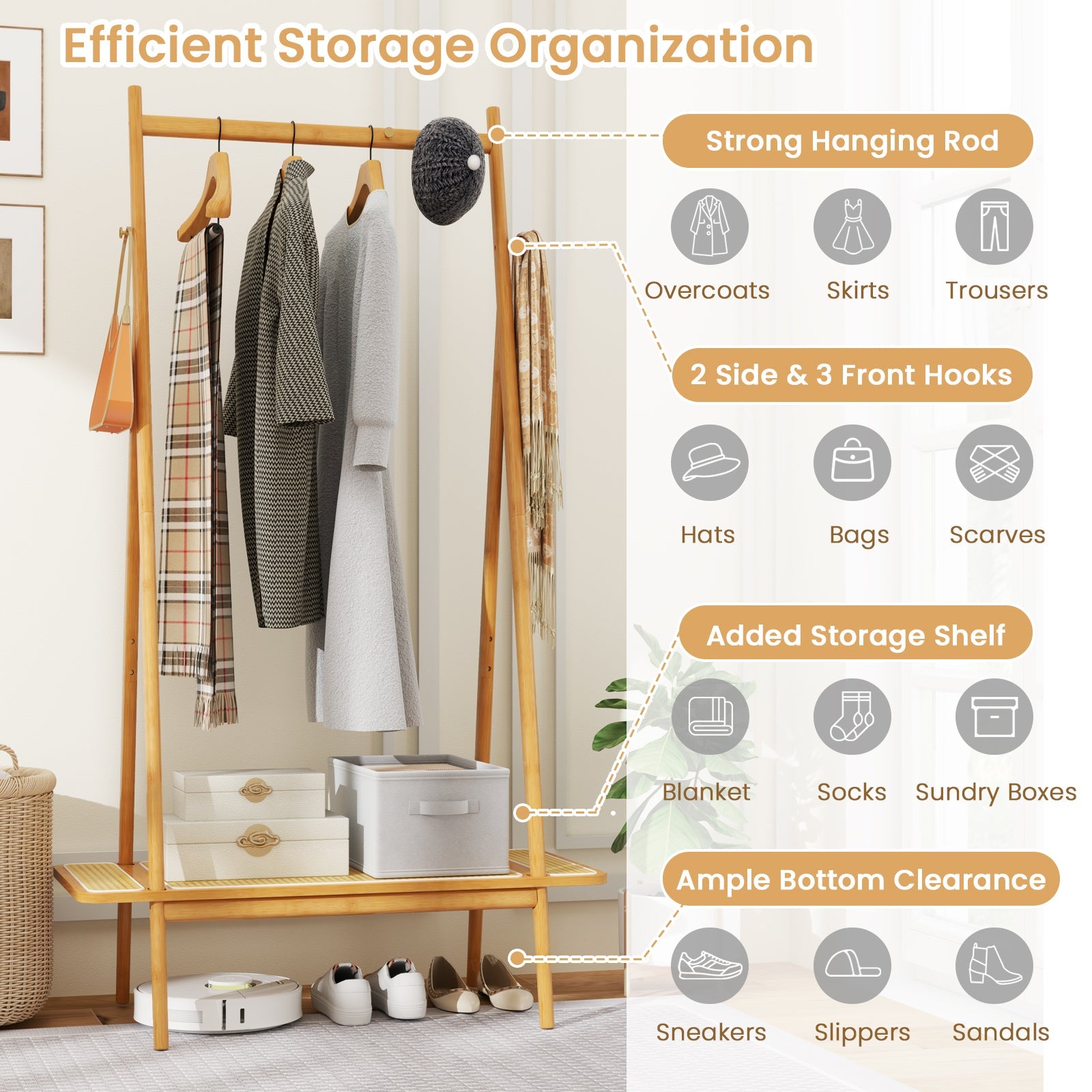 Bamboo Clothes Rack with Hanging Rod Rattan Shelf and Copper Hooks-Natural