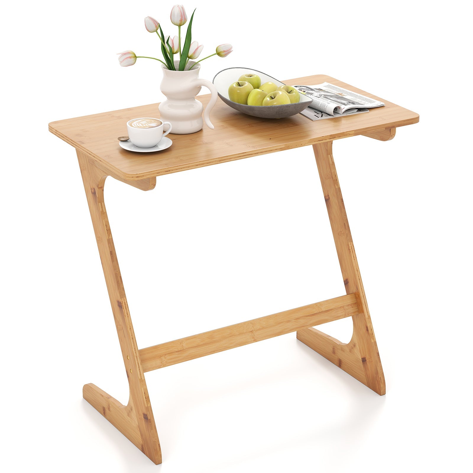 Bamboo Z-Shaped Spacious Sofa Side Table with Space-Saving Tabletop-Natural