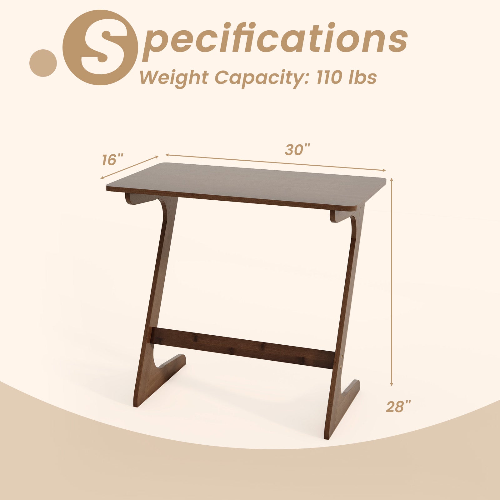 Bamboo Z-Shaped Spacious Sofa Side Table with Space-Saving Tabletop-Brown