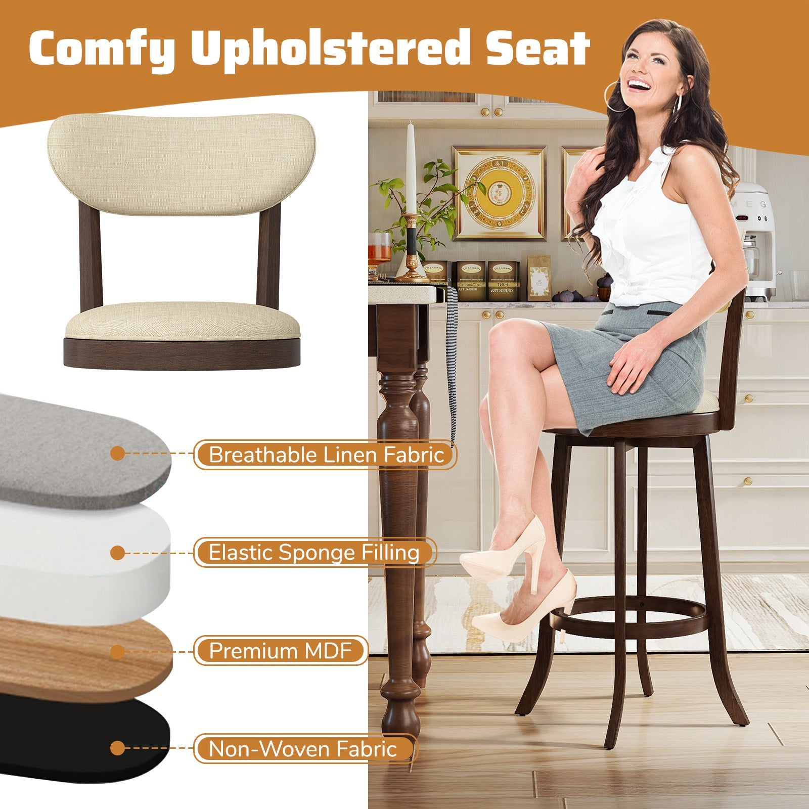 30.5 Inch Bar Height Chairs Set of 2 Swivel High Barstool with Padded Seat and Backrest-Brown