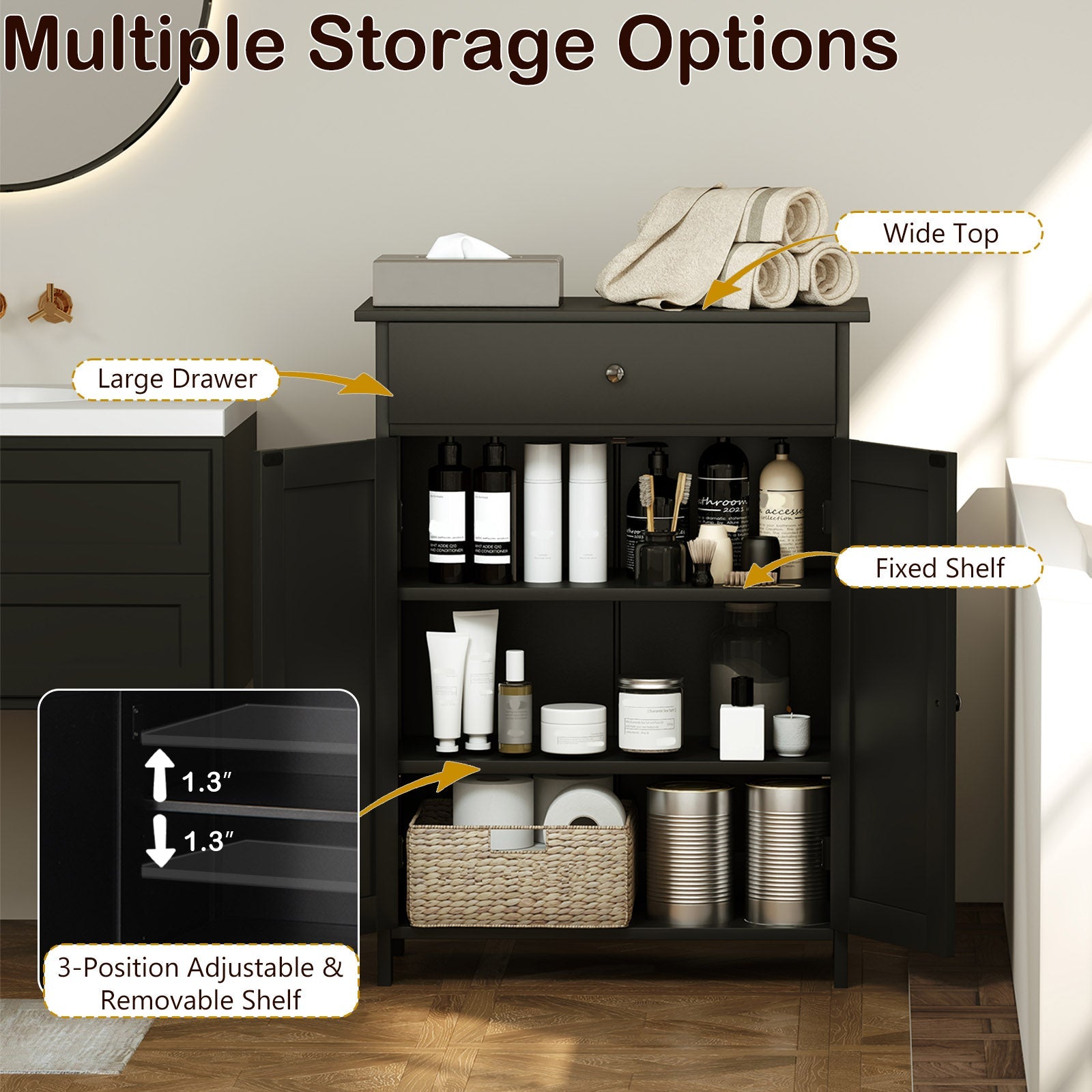 Bathroom Floor Cabinet Freestanding Storage Organizer with 2 Doors-Black