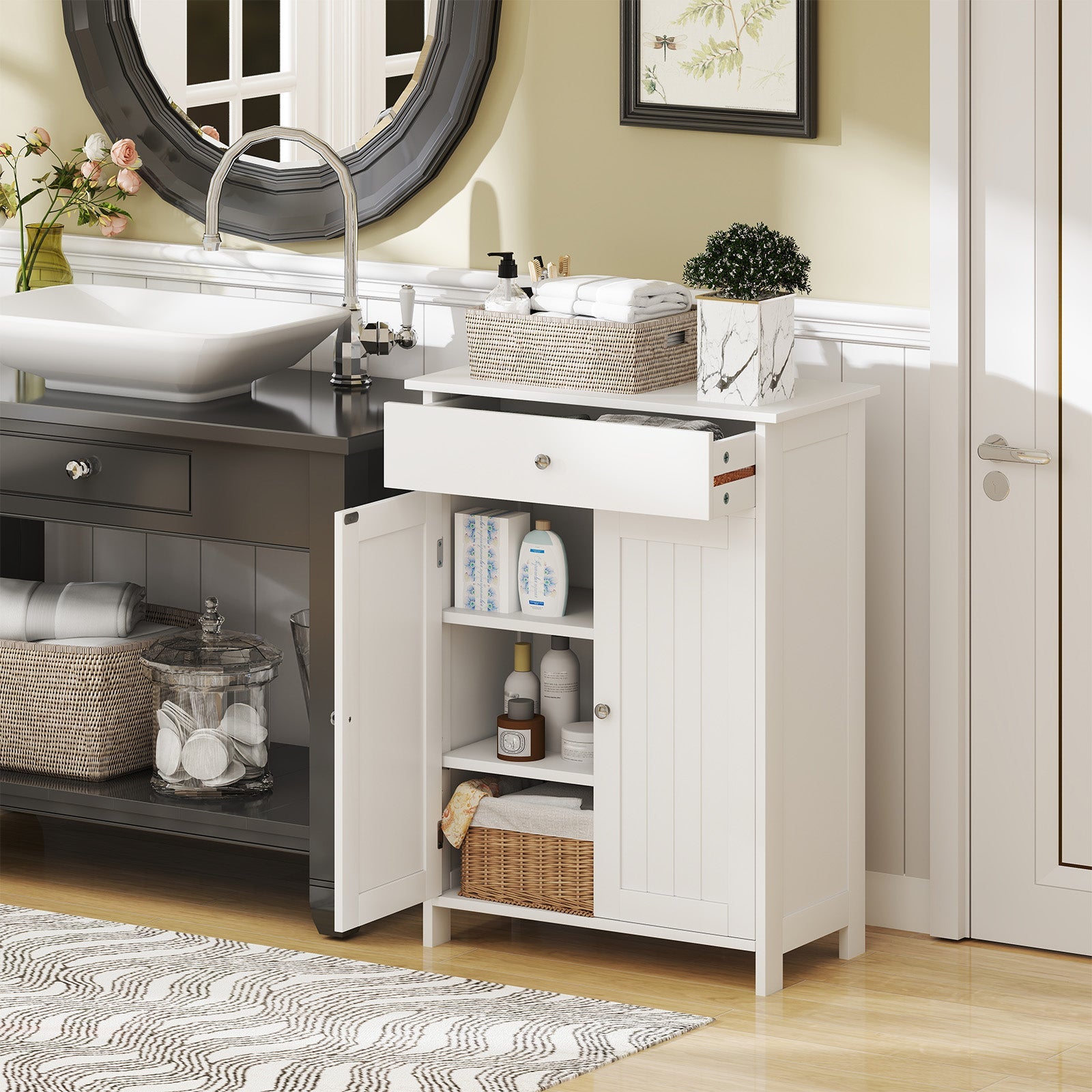 Bathroom Floor Cabinet Freestanding Storage Organizer with 2 Doors-White