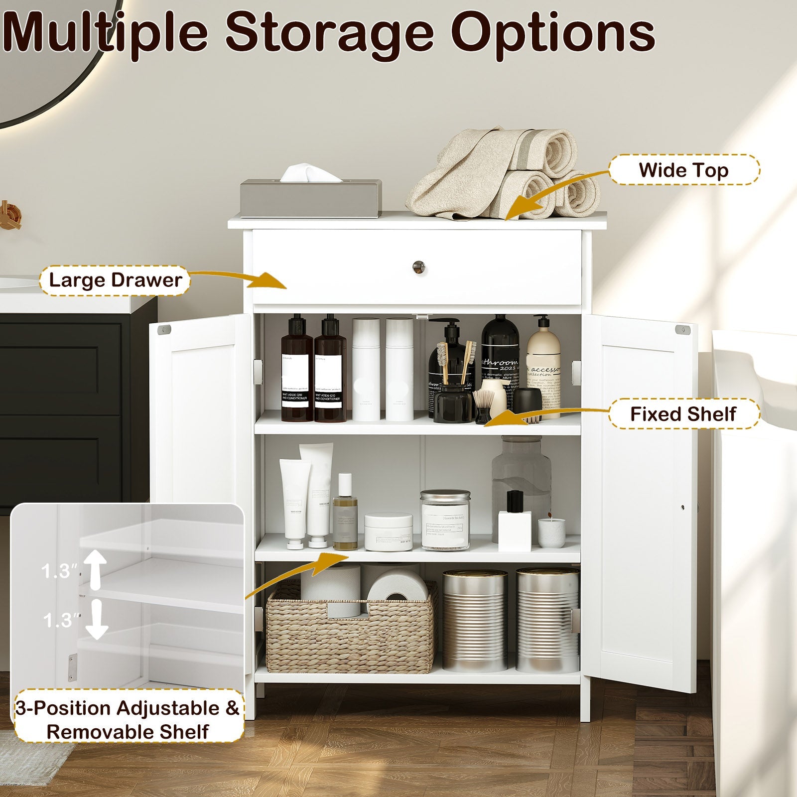 Bathroom Floor Cabinet Freestanding Storage Organizer with 2 Doors-White