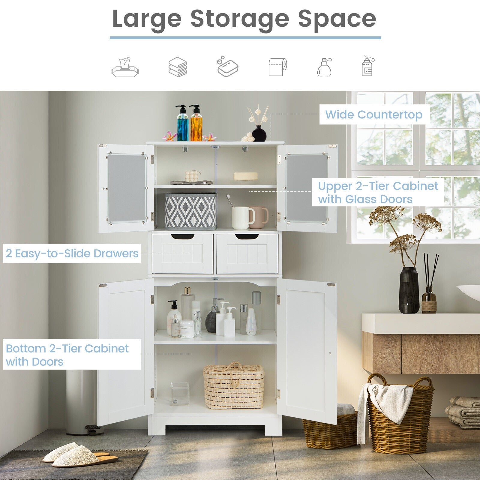 3 Tier Freee-Standing Bathroom Cabinet with 2 Drawers and Glass Doors-White