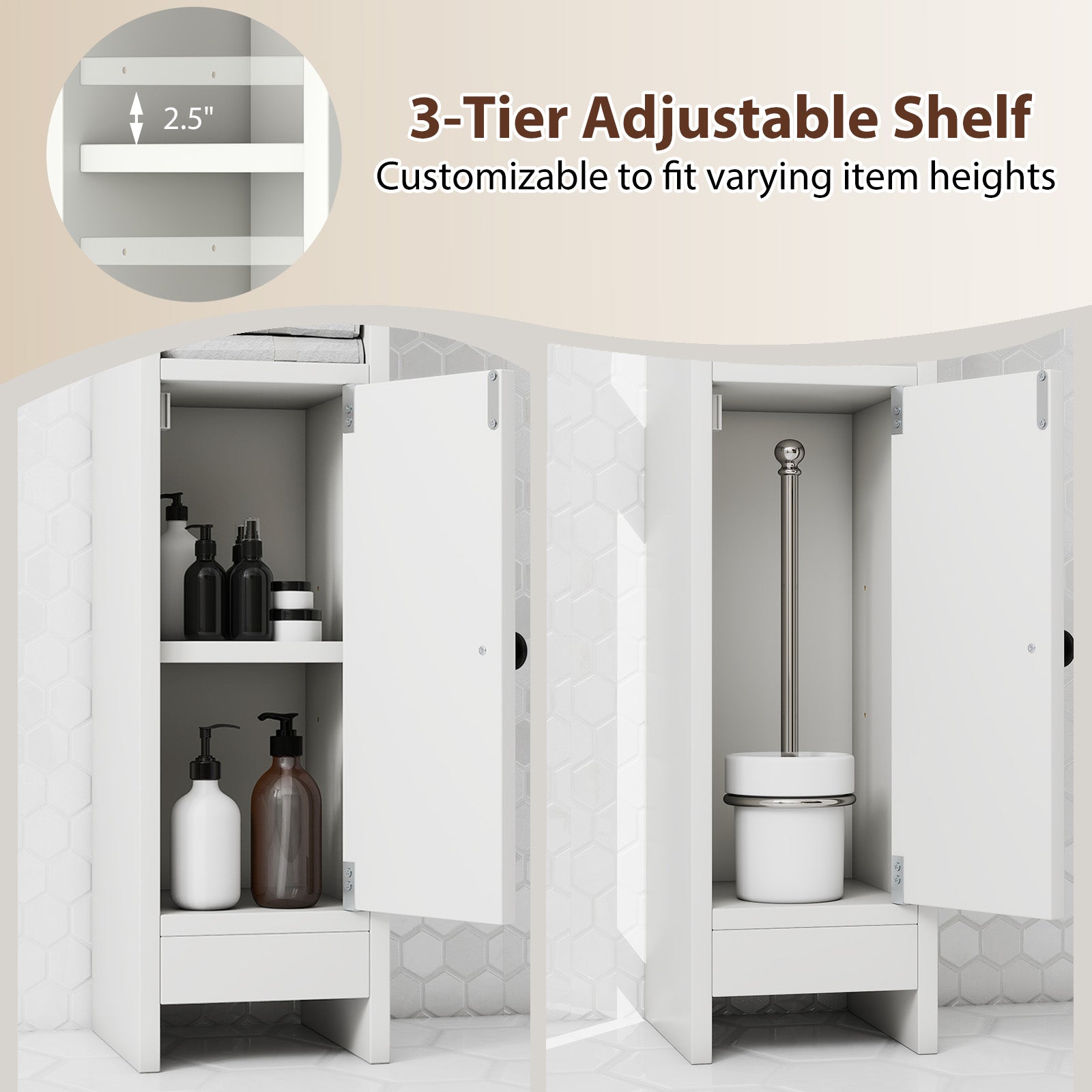Bathroom Slim Cabinet Corner with Door and Adjustable Shelf-White