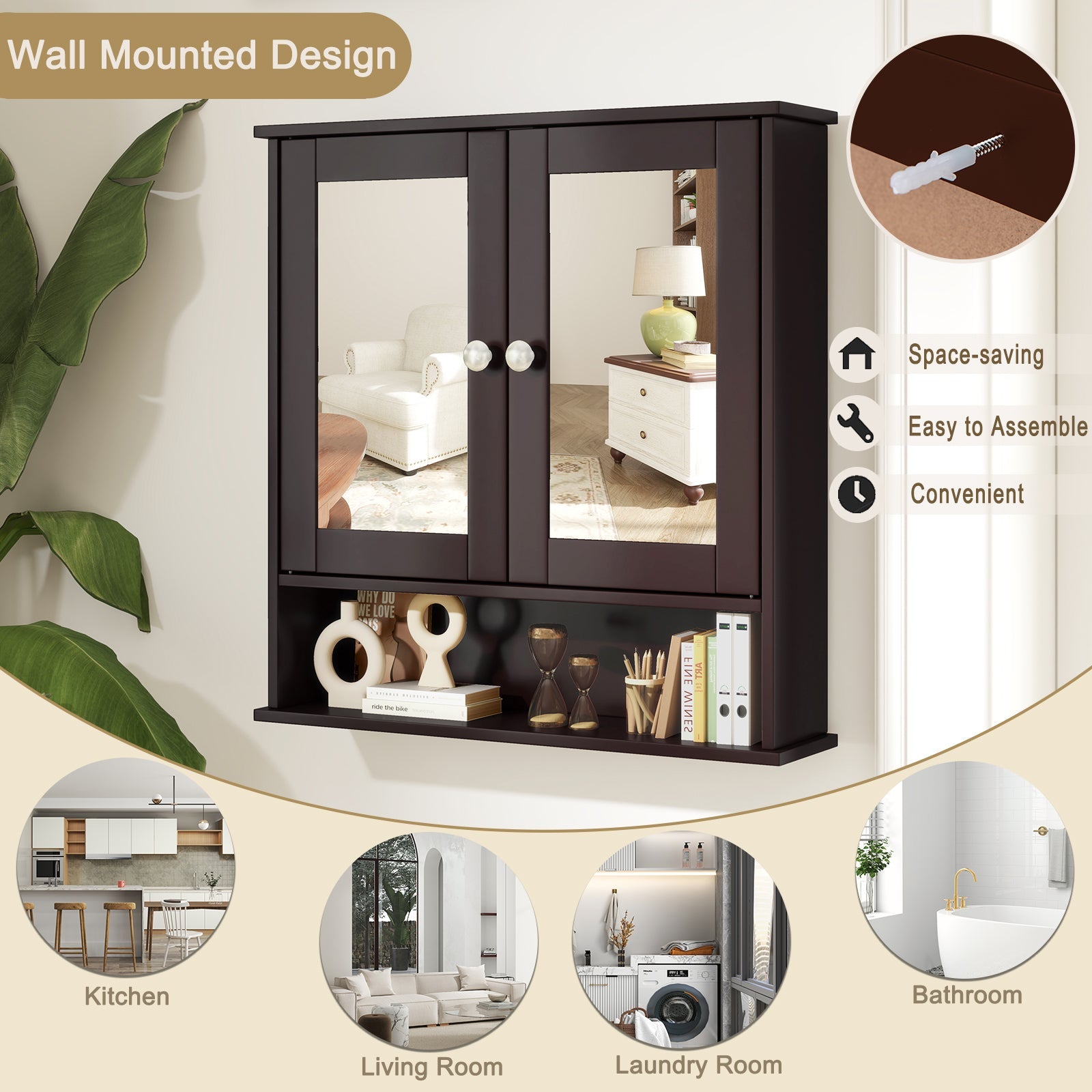 Bathroom Wall Mount Mirror Cabinet Organizer-Brown