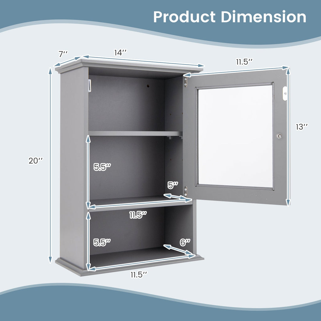 Bathroom Wall Mounted Adjustable Hanging Storage Medicine Cabinet-Gray
