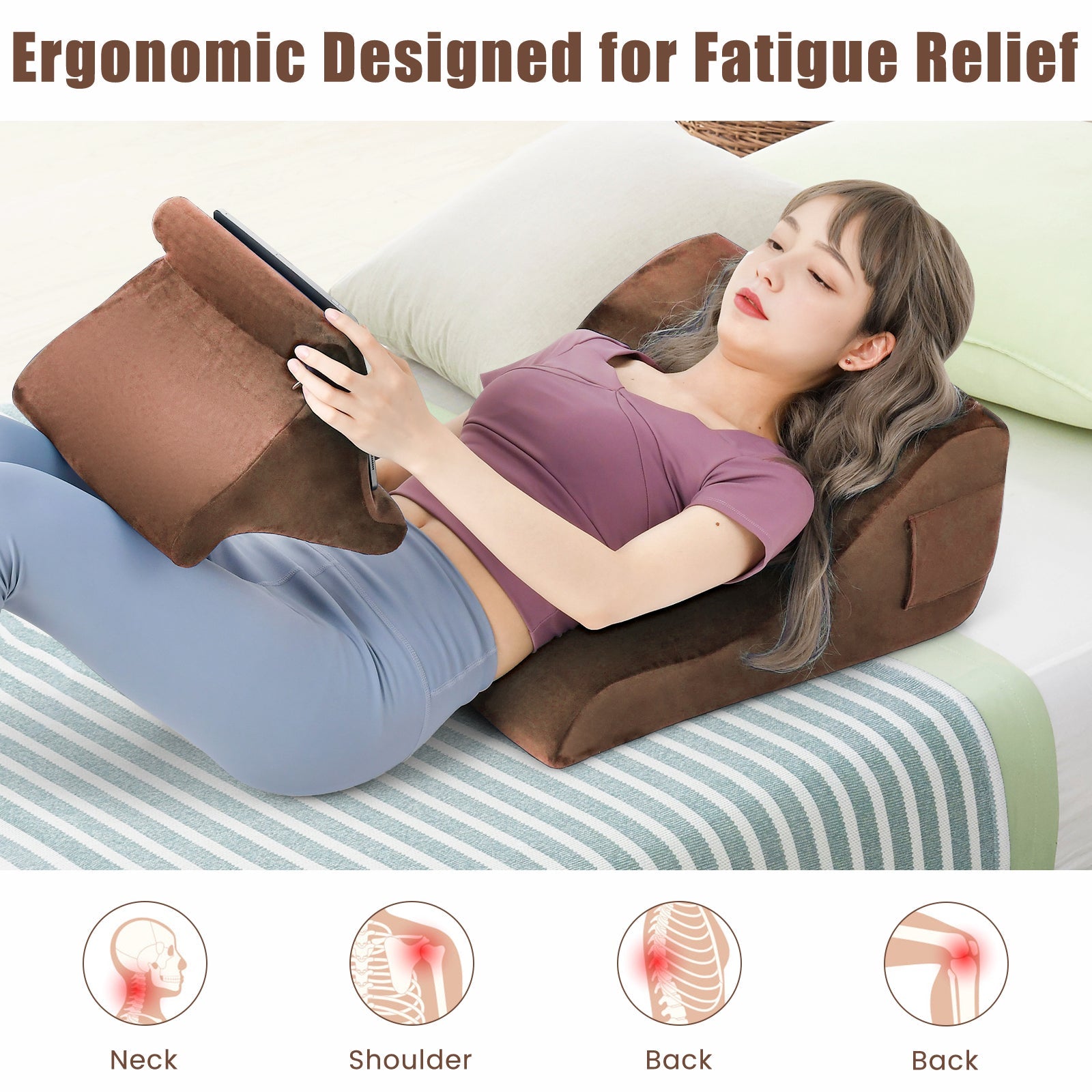 Bed Wedge Pillow with Tablet Pillow Stand and Side Pockets-Brown