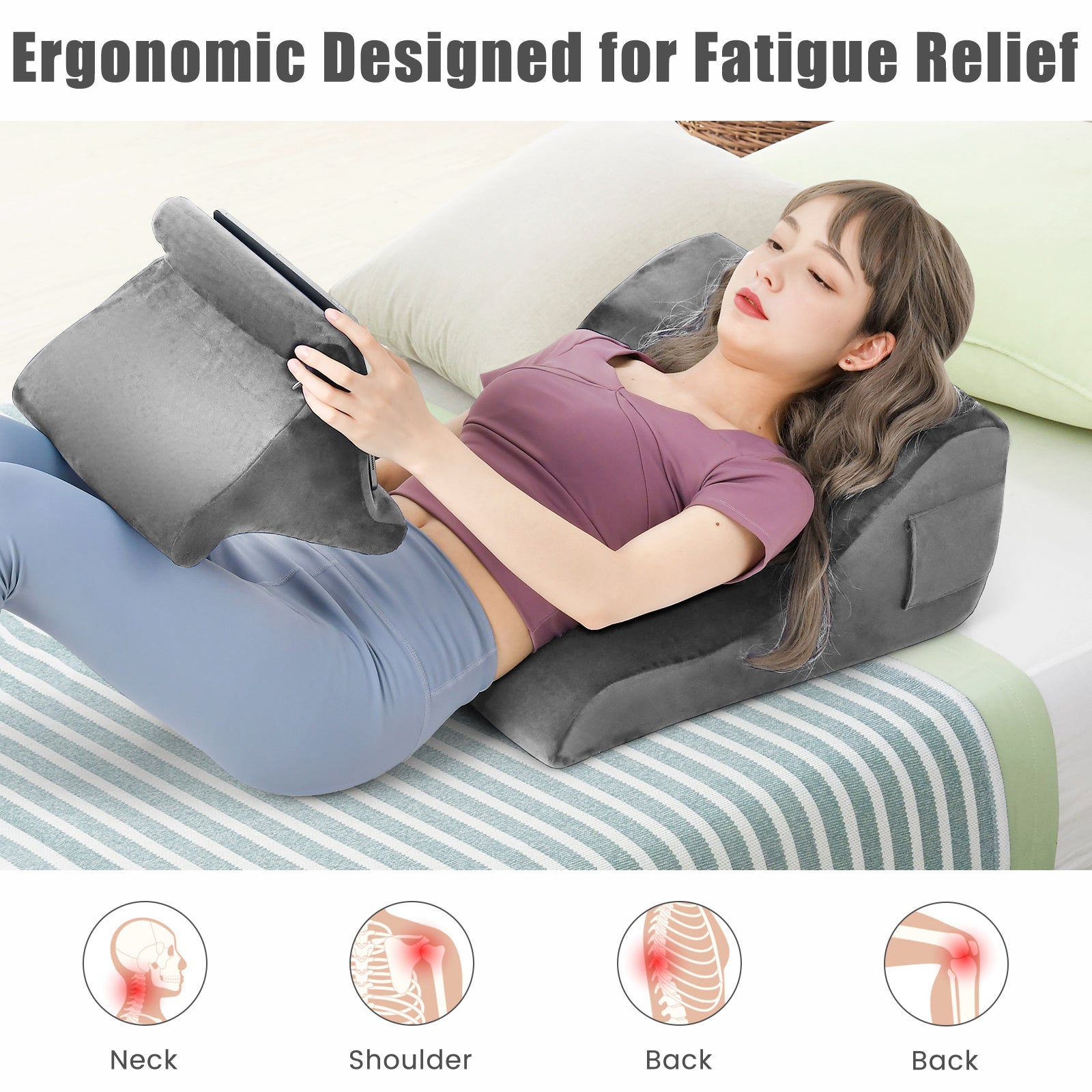 Bed Wedge Pillow with Tablet Pillow Stand and Side Pockets-Gray