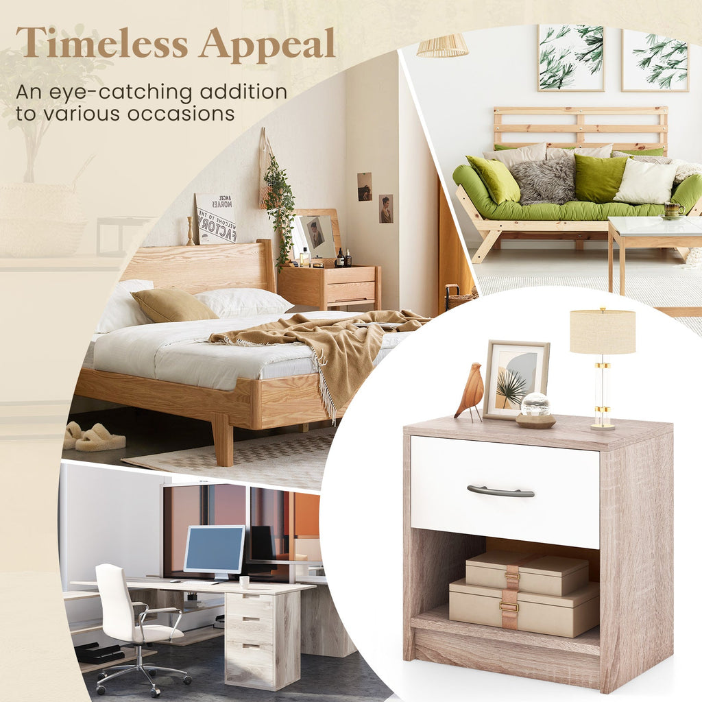 Bedside Table Nightstand with Drawer and Open Storage Shelf-Natural & White