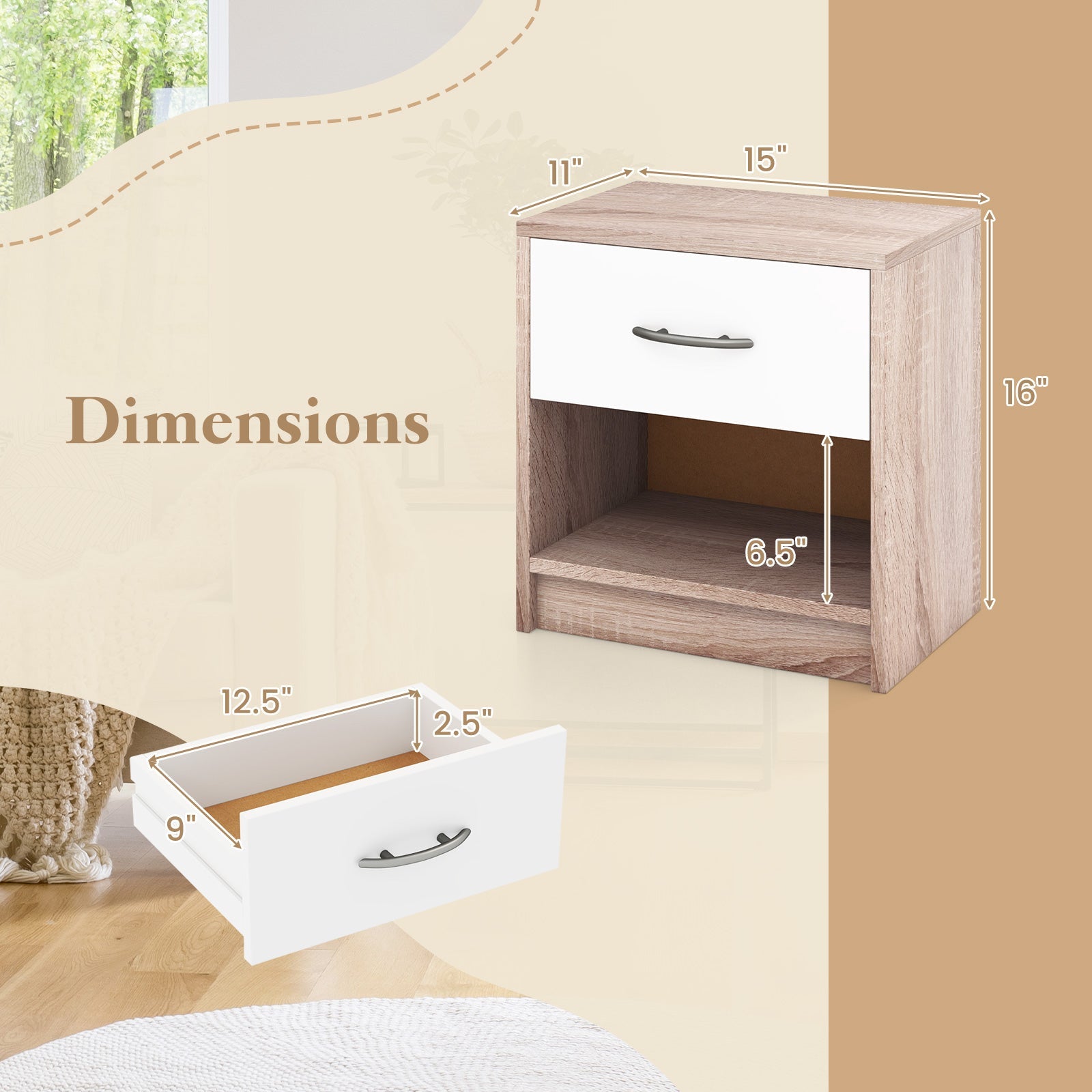 Bedside Table Nightstand with Drawer and Open Storage Shelf-Natural & White