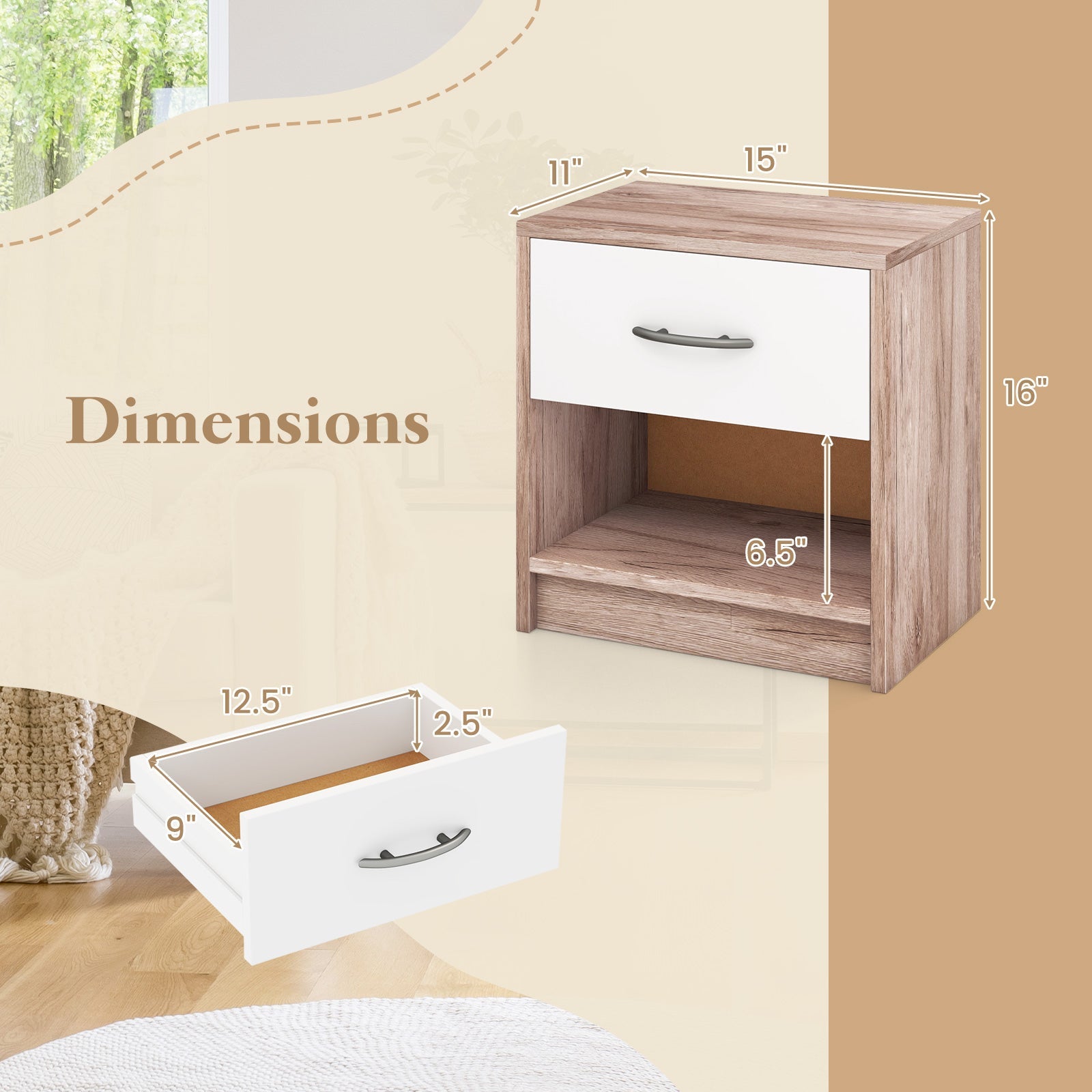 Bedside Table Nightstand with Drawer and Open Storage Shelf-Oak