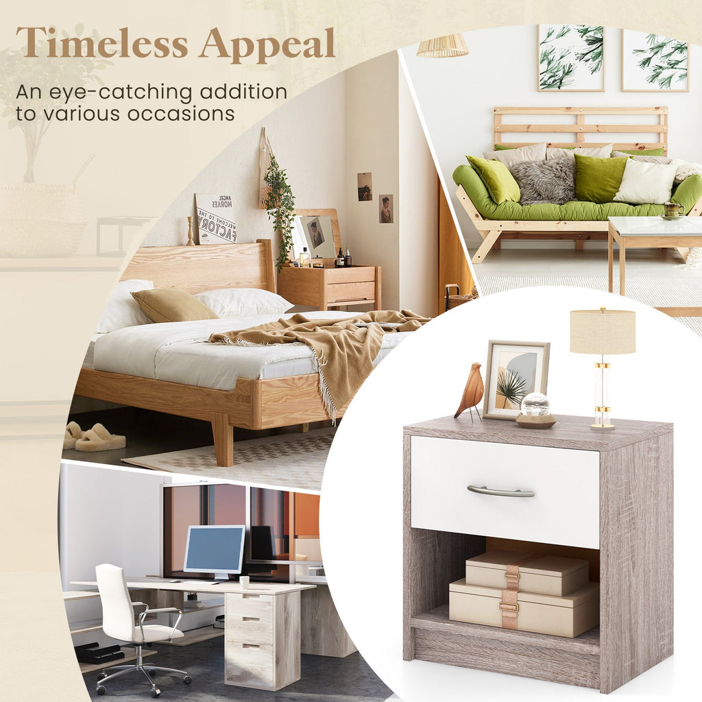 Bedside Table Nightstand with Drawer and Open Storage Shelf-Light Gray