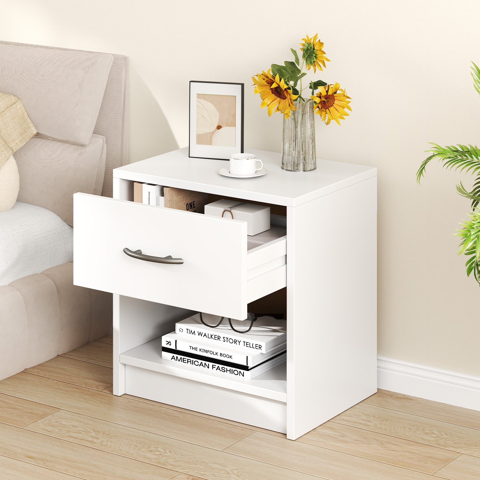 Bedside Table Nightstand with Drawer and Open Storage Shelf-White