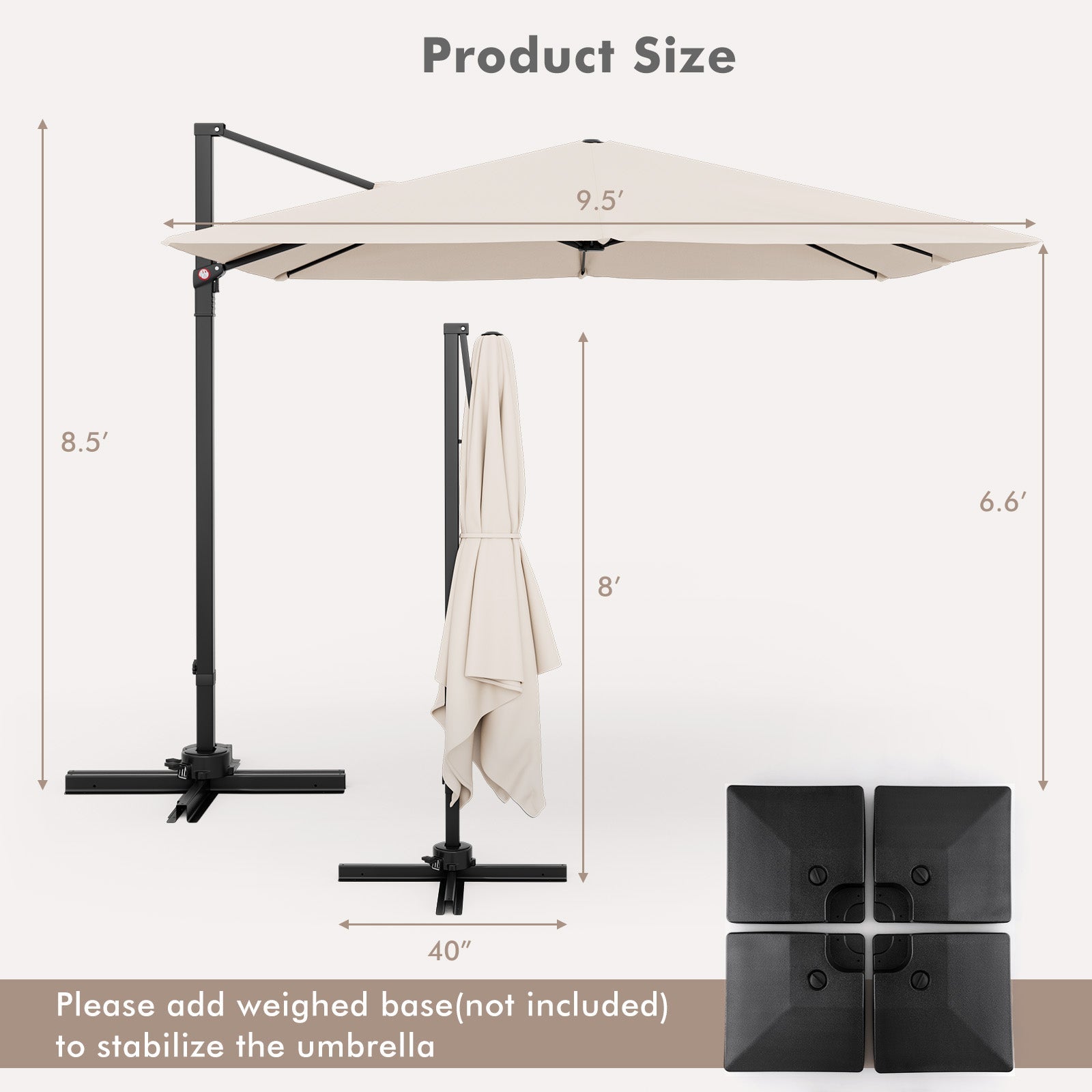 9.5 Feet Square Patio Cantilever Umbrella with 360° Rotation-Beige