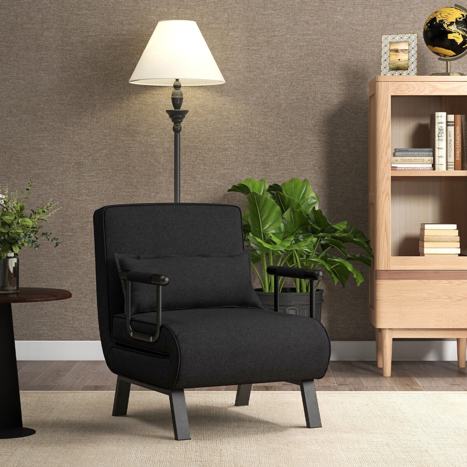 Folding 6 Position Convertible Sleeper Bed Armchair Lounge Couch with Pillow-Black