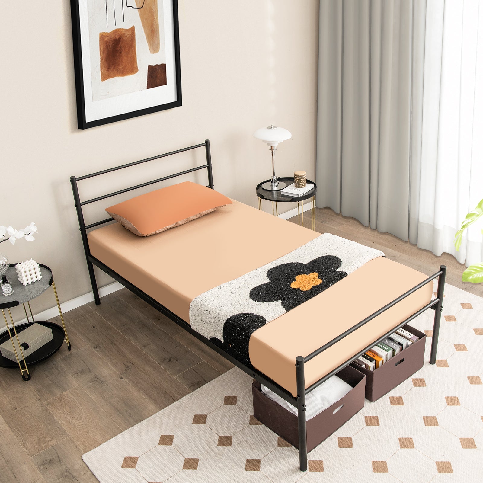 Twin Size Metal Bed Frame Platform with Headboard-Black