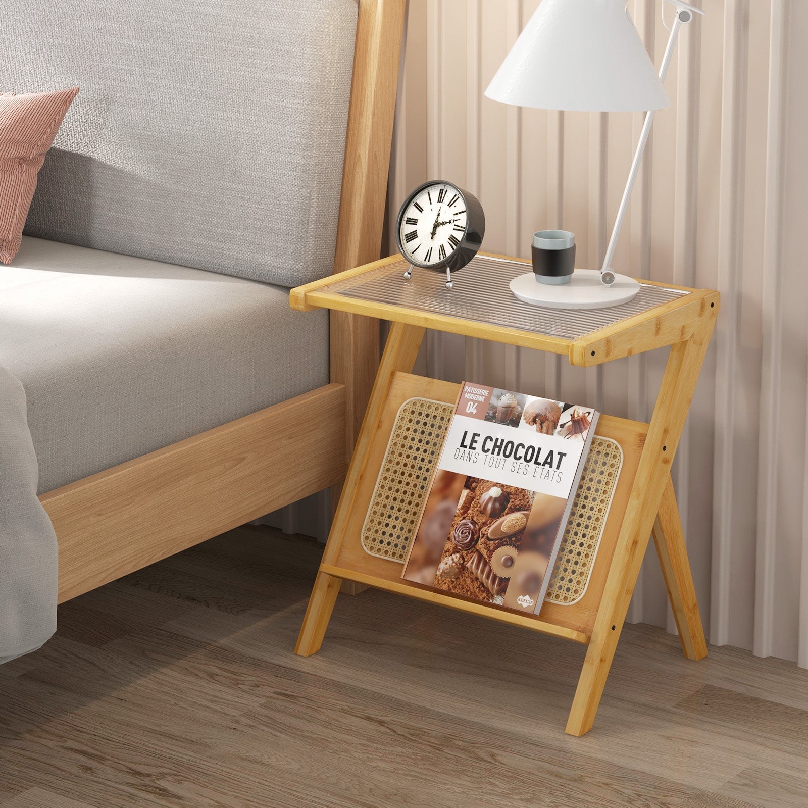 Boho End Table with Magazine Rack and Tempered Glass Top-Natural