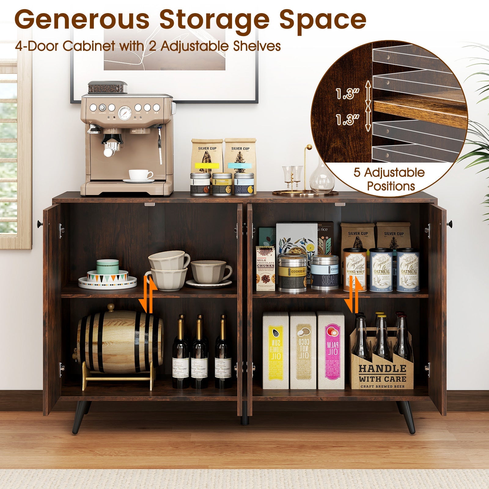 Buffet Sideboard Mid Century Modern Storage Cabinet with Adjustable Shelves-Rustic Brown