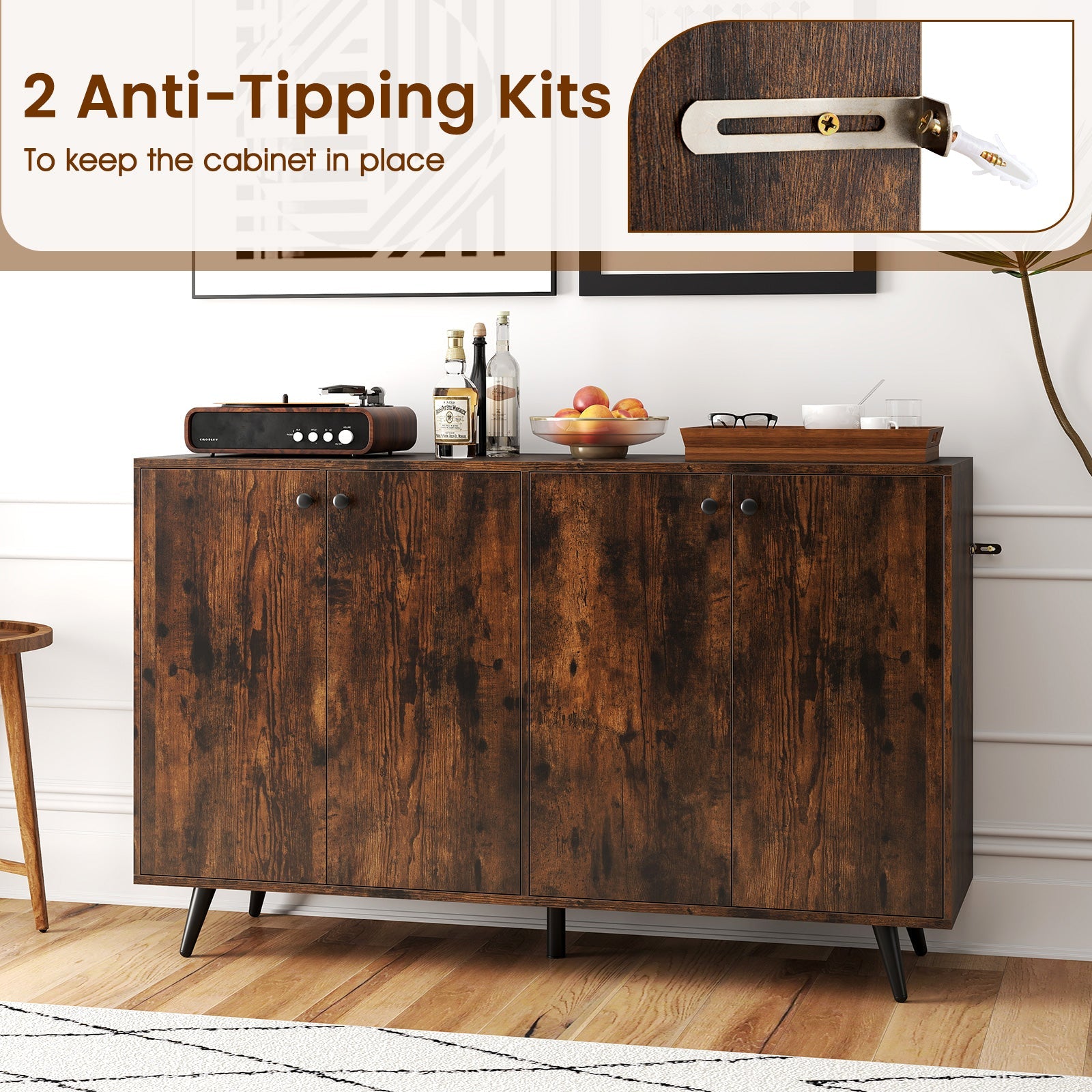 Buffet Sideboard Mid Century Modern Storage Cabinet with Adjustable Shelves-Rustic Brown