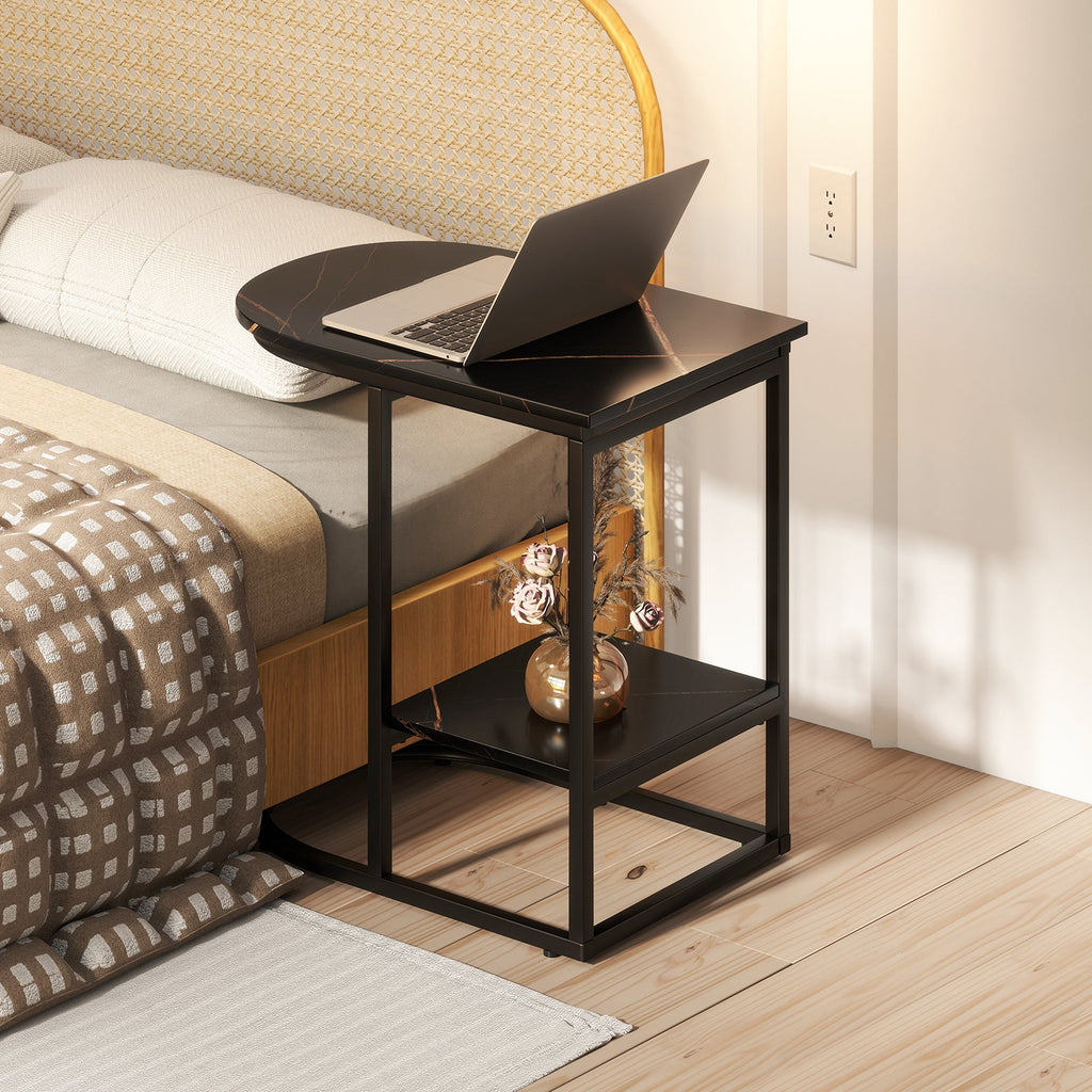 C-shaped Modern Sofa Side Table with Faux Marble Tabletop and Storage Shelf-Black