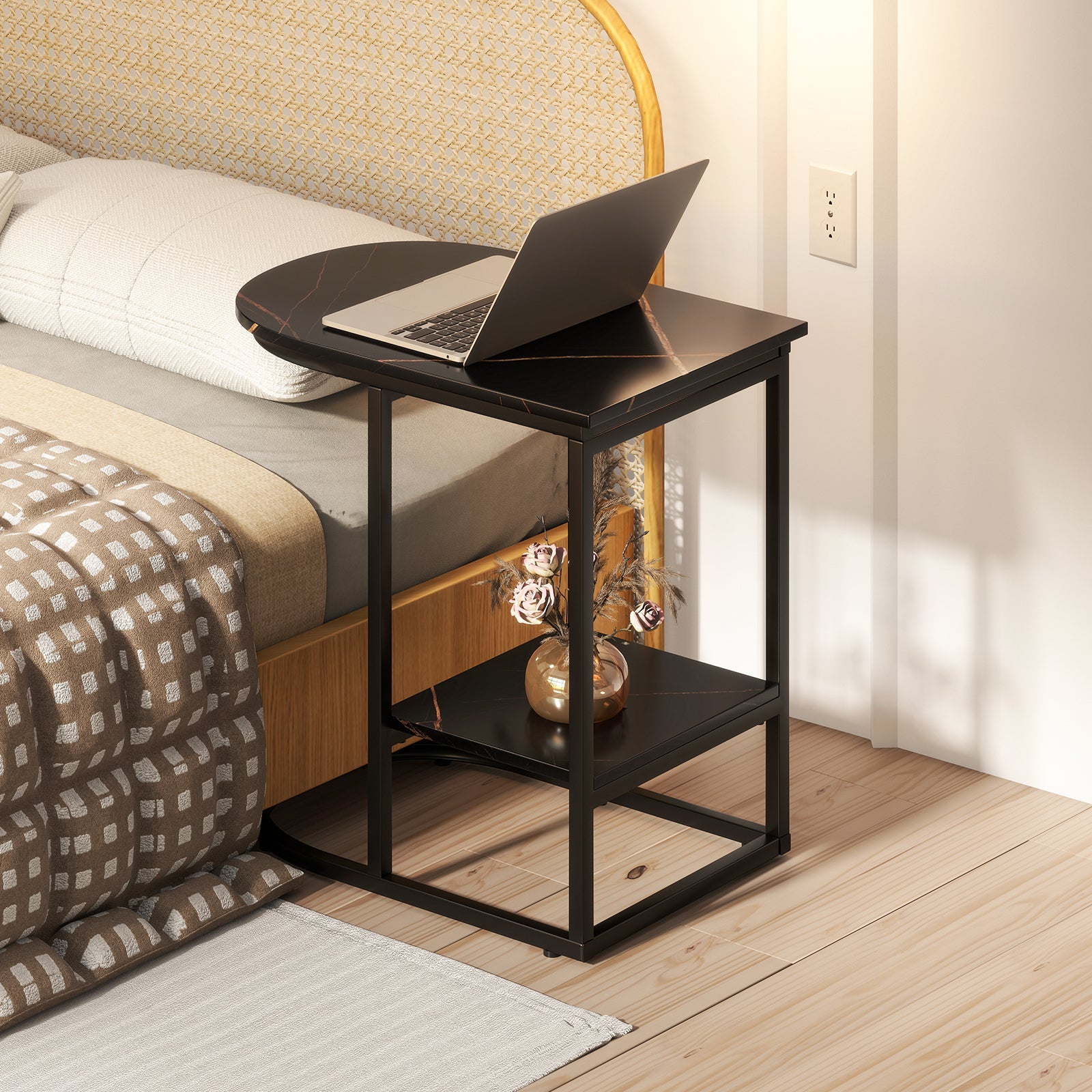 C-shaped Modern Sofa Side Table with Faux Marble Tabletop and Storage Shelf-Black
