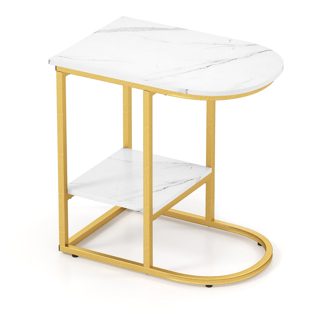 C-shaped Modern Sofa Side Table with Faux Marble Tabletop and Storage Shelf-White