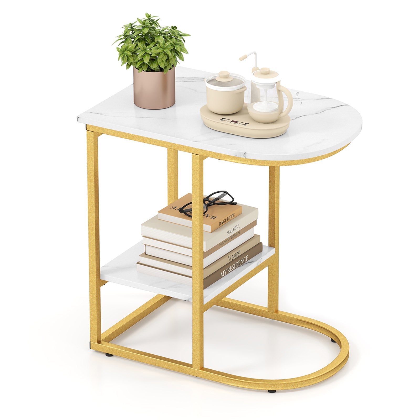 C-shaped Modern Sofa Side Table with Faux Marble Tabletop and Storage Shelf-White