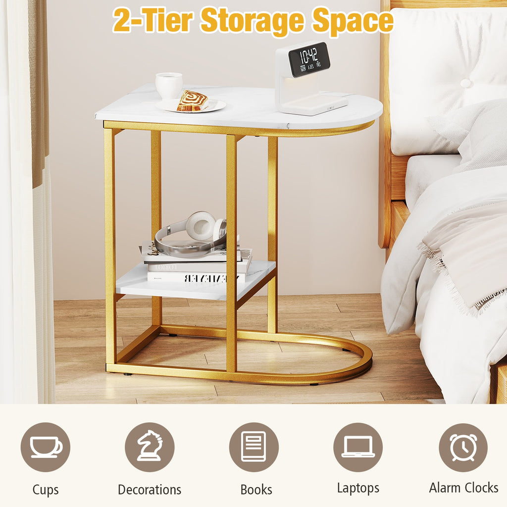 C-shaped Modern Sofa Side Table with Faux Marble Tabletop and Storage Shelf-White